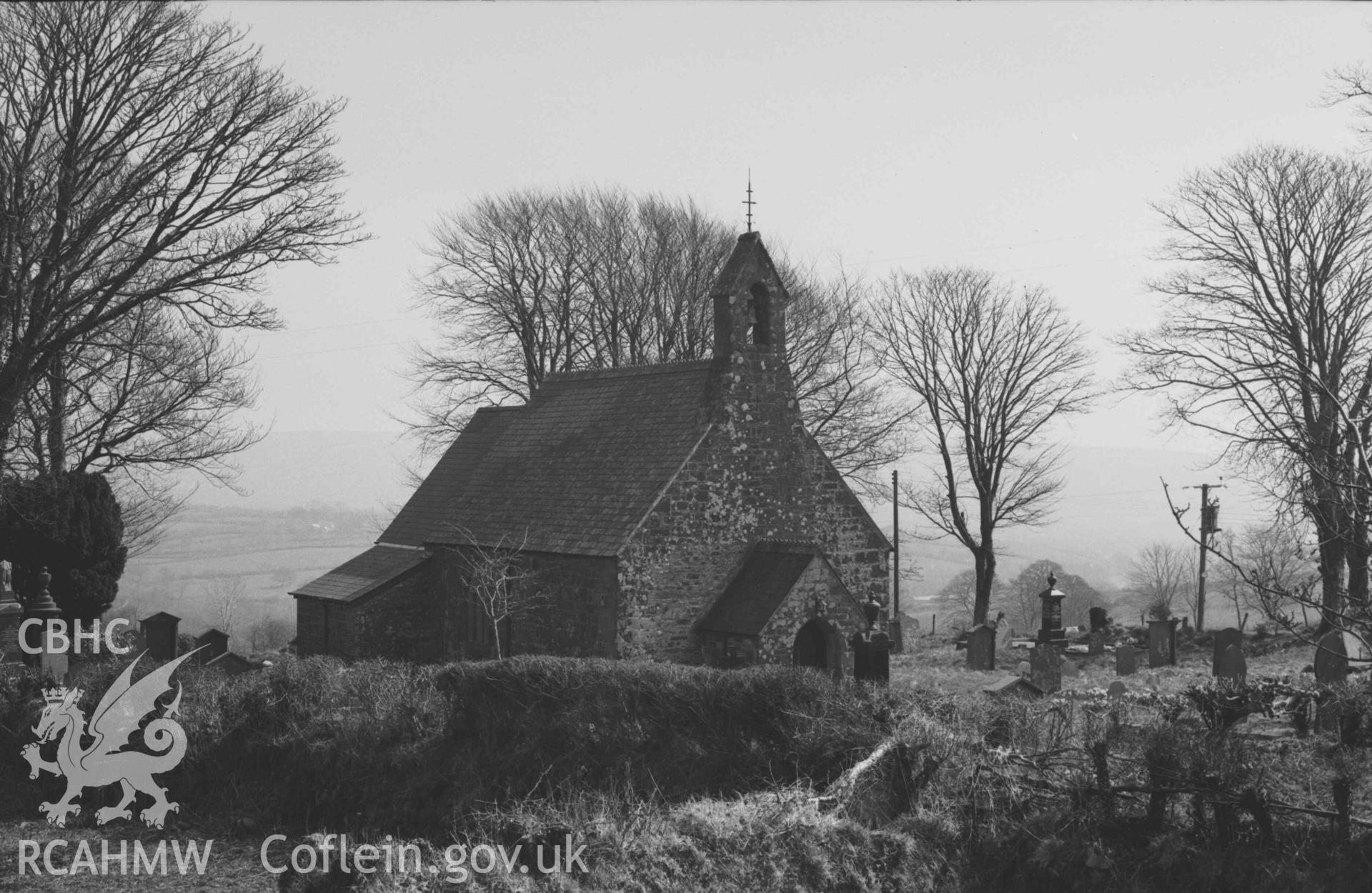 Digital copy of a black and white negative showing St. John's Church, Bettws Evan. Photographed by Arthur Chater on 7 April 1969. Looking south east from Grid Reference SN 3014 4773.