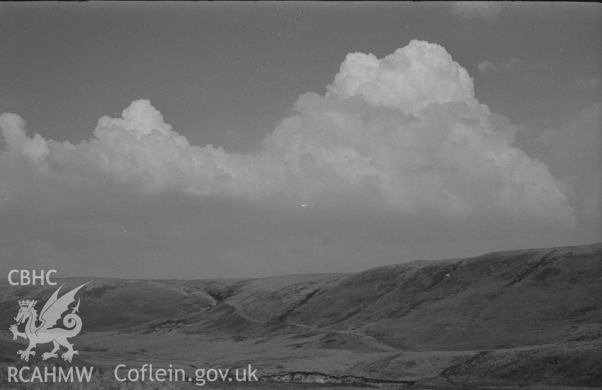 Digital copy of a black and white negative showing Rhyd Hengae from the ruin of Hengae. Photographed by Arthur Chater on 8 April 1969. Looking east north east from Grid Reference SN 8202 6805.