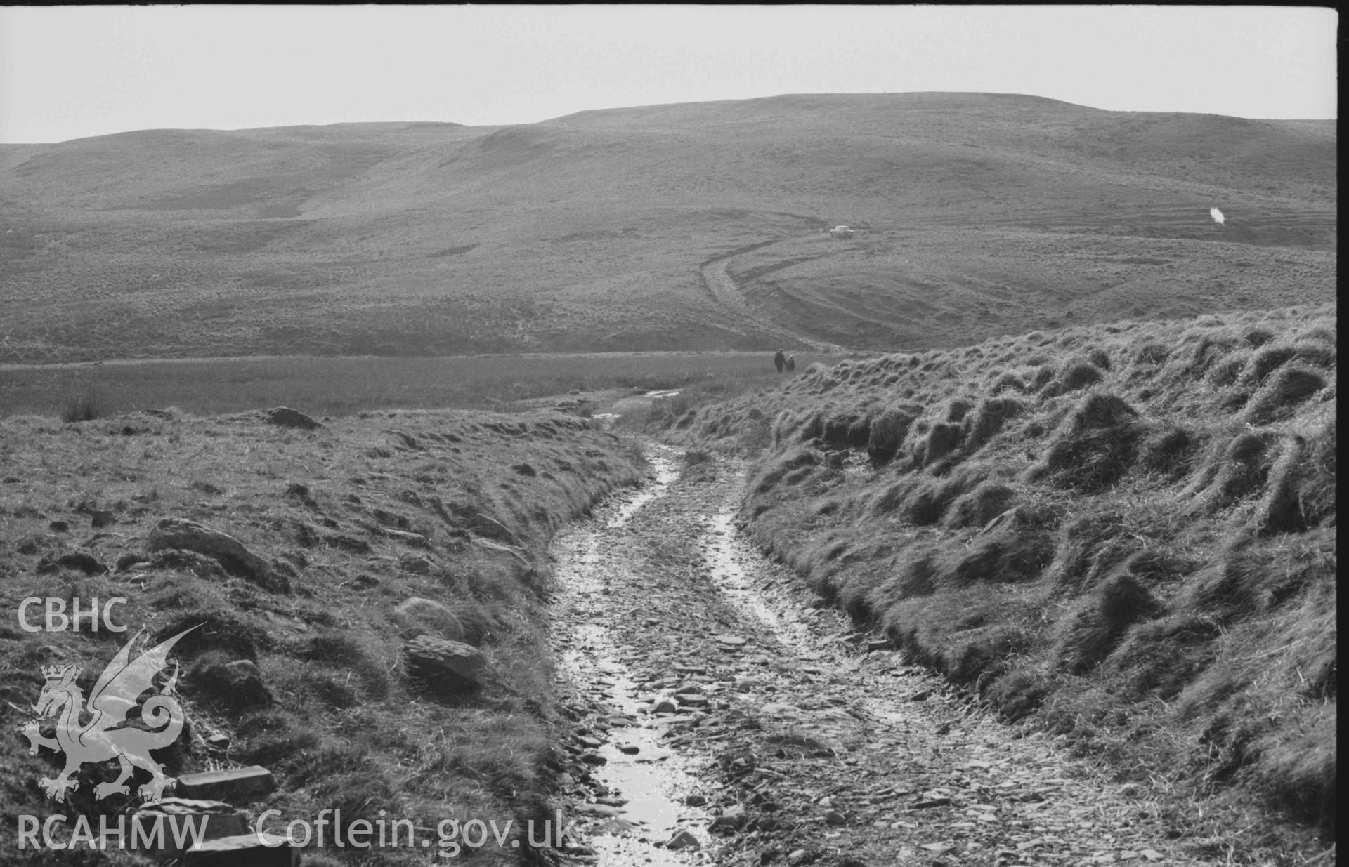 Digital copy of a black and white negative showing view along the old road to the ford over the Afon Claerddu at 1308 ft. alt.. Photographed by Arthur Chater on 8 April 1969. Looking west from Grid Reference SN 8070 6775.