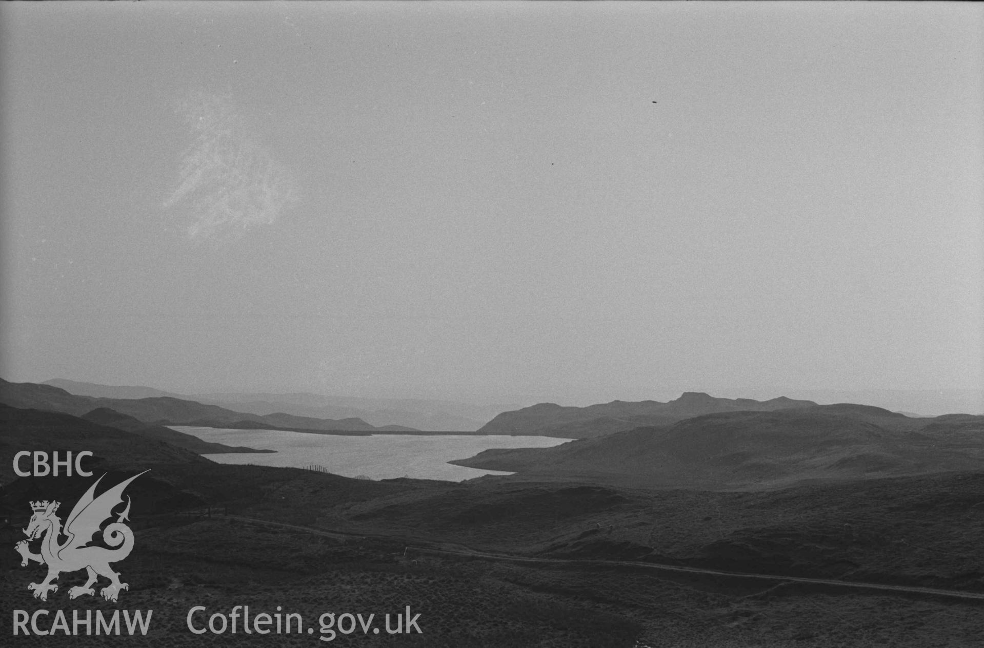 Digital copy of a black and white negative showing Llyn Teifi from Banc Tyngu. Photographed by Arthur Chater on 8 April 1969. Looking west south west from Grid Reference SN 7930 6805.
