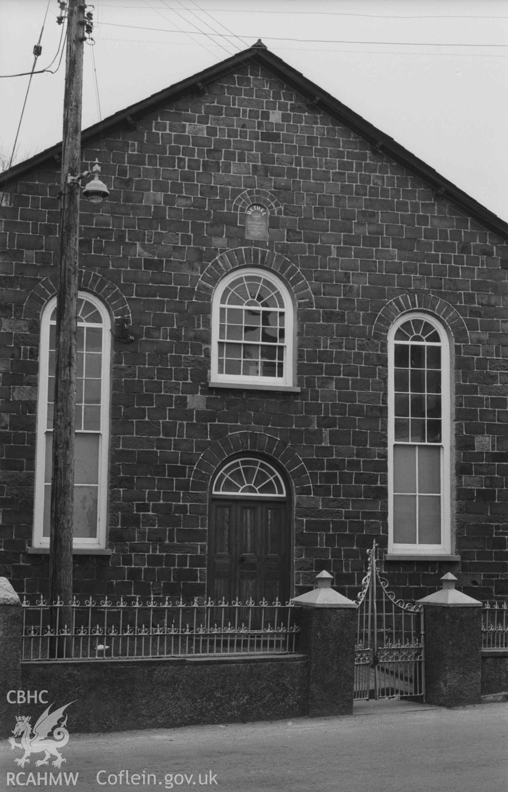 Digital copy of a black and white negative showing the front of Bethel Baptist Chapel. Photographed by Arthur Chater on 9 April 1969. Looking south west from Grid Reference SN 3888 5967.