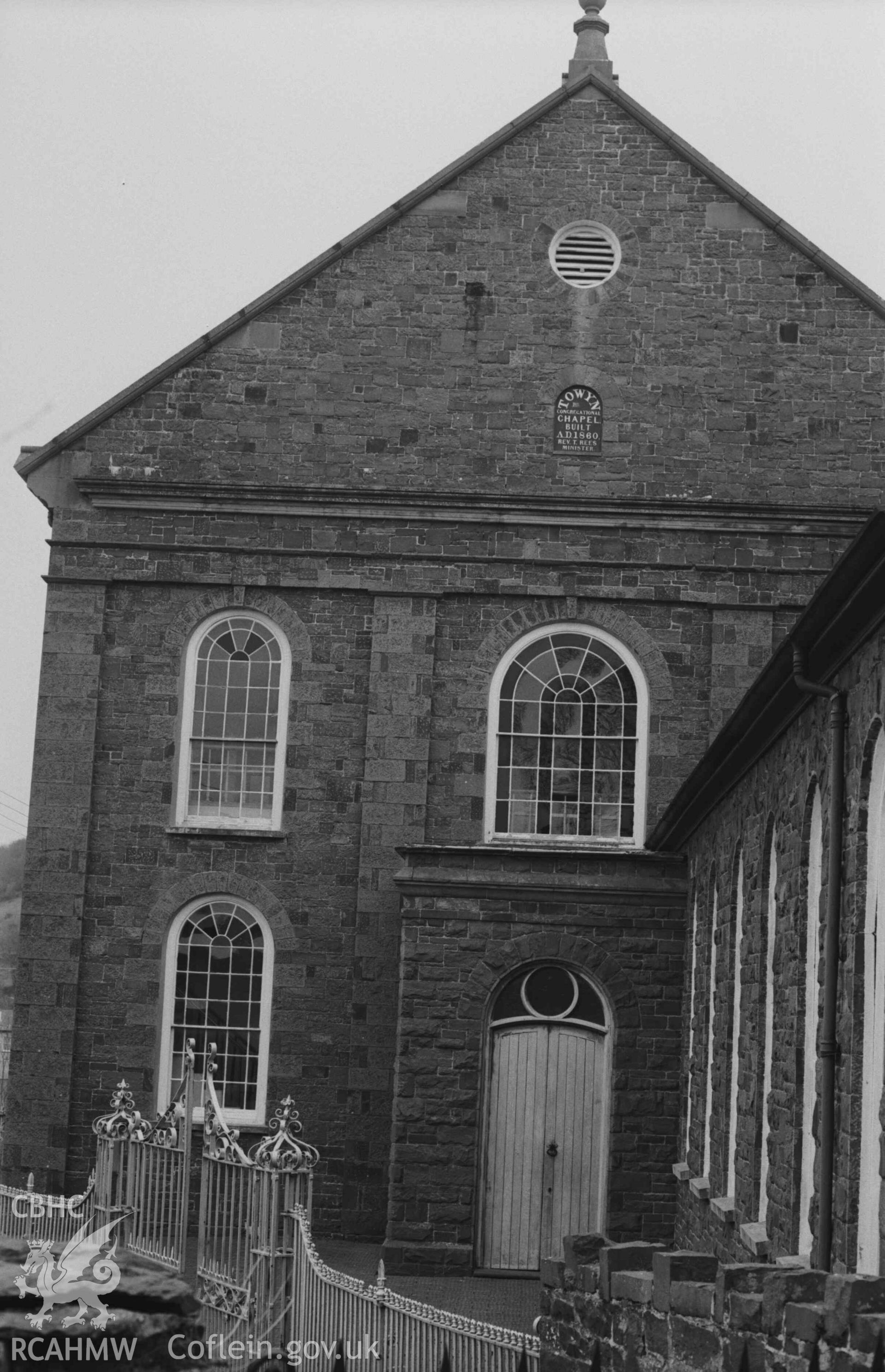 Digital copy of a black and white negative showing Towyn Congregational Chapel. Photographed by Arthur Chater on 9 April 1969. Looking south east from Grid Reference SN 3872 5973.