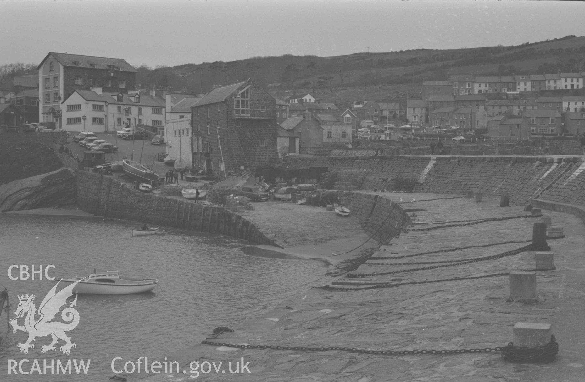 Digital copy of a black and white negative showing New Quay from the Pier. Photographed by Arthur Chater on 9 April 1969. Looking south west from Grid Reference SN 3914 6014.