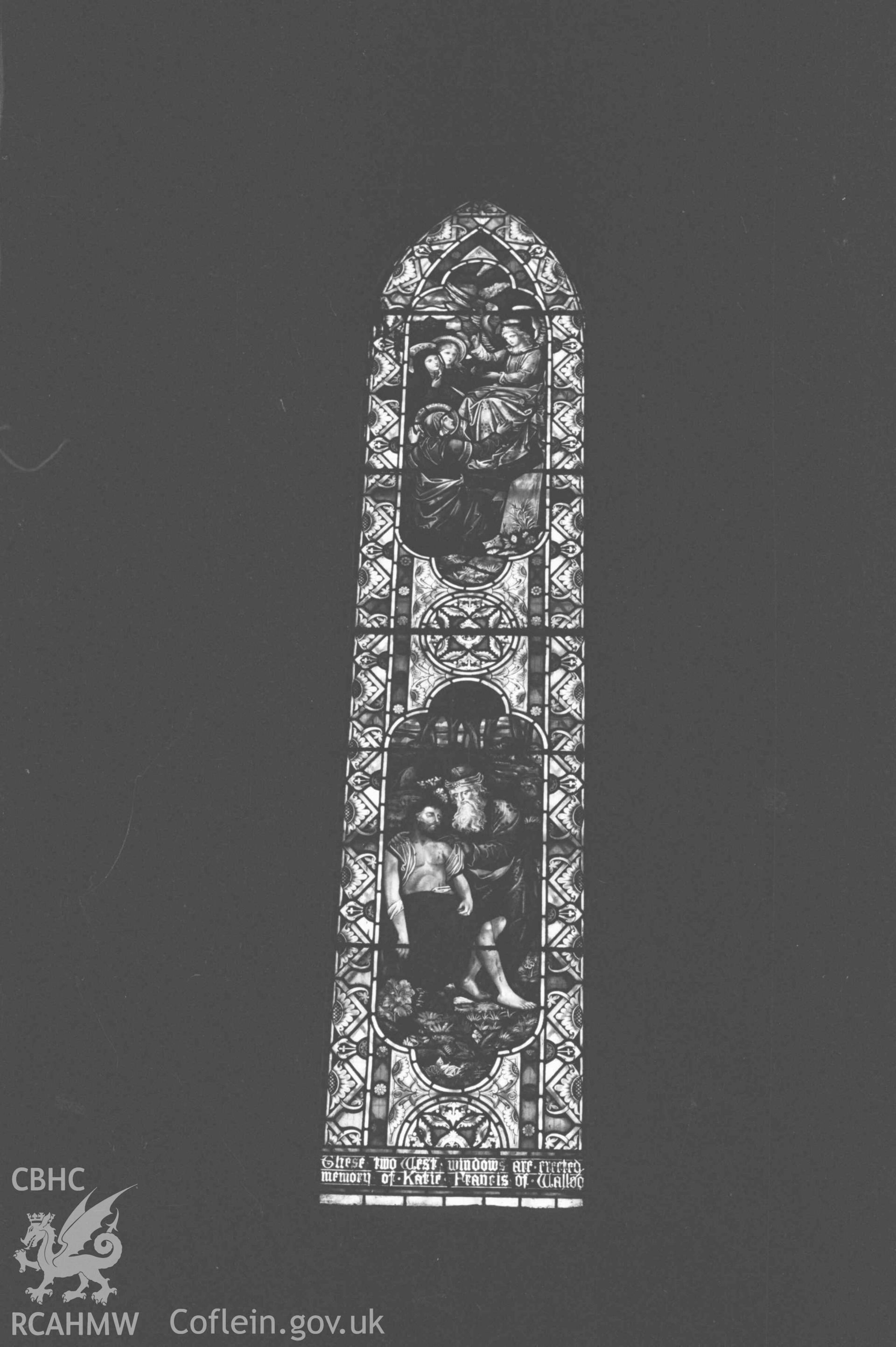 Digital copy of a black and white negative showing stained glass window in All Saints' Churchyard, Llangorwen. Photographed by Arthur Chater on 12 April 1969. Grid Reference SN 6033 8383.