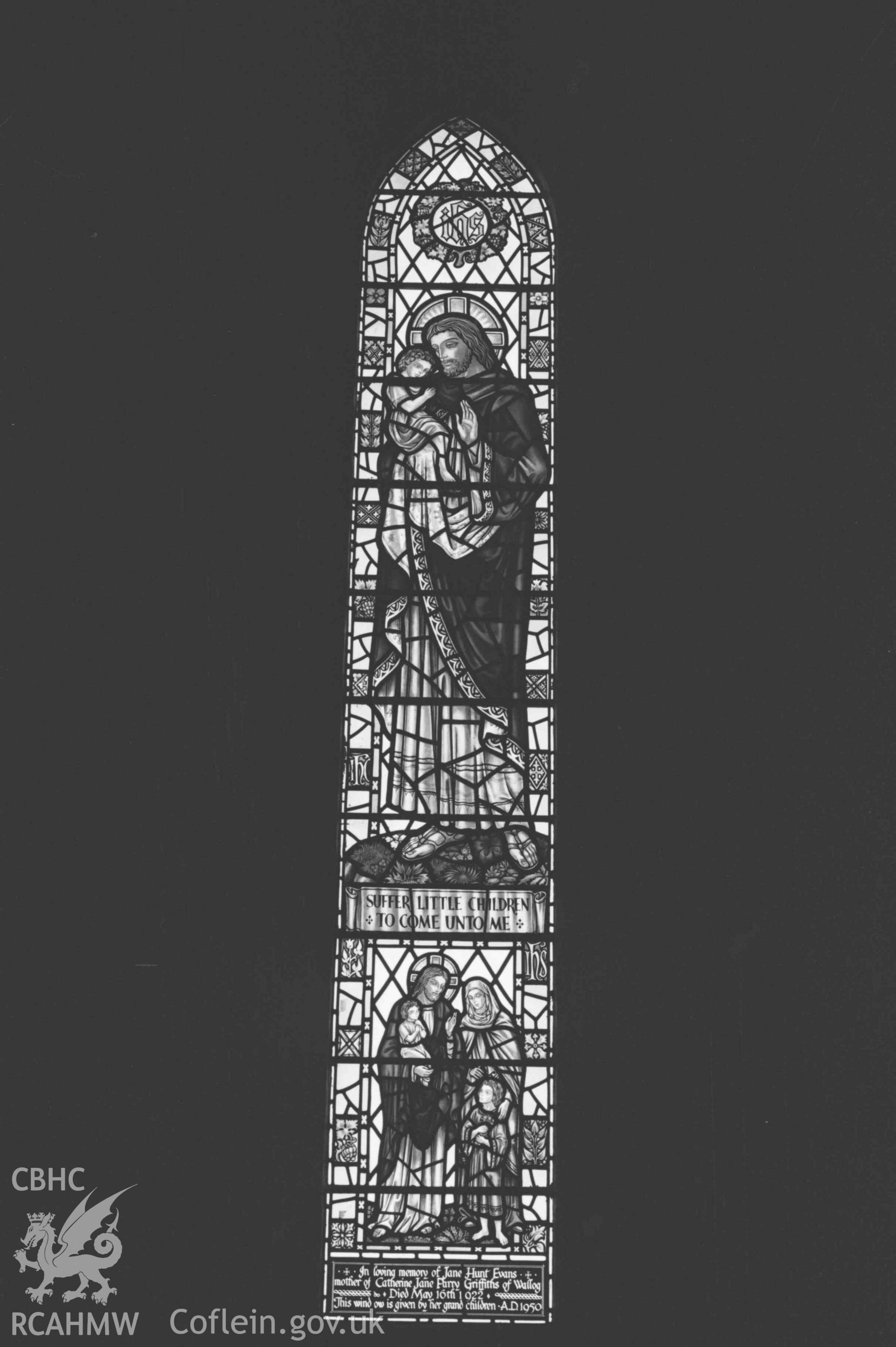 Digital copy of a black and white negative showing stained glass window in All Saints' Churchyard, Llangorwen. Photographed by Arthur Chater on 12 April 1969. Grid Reference SN 6033 8383.