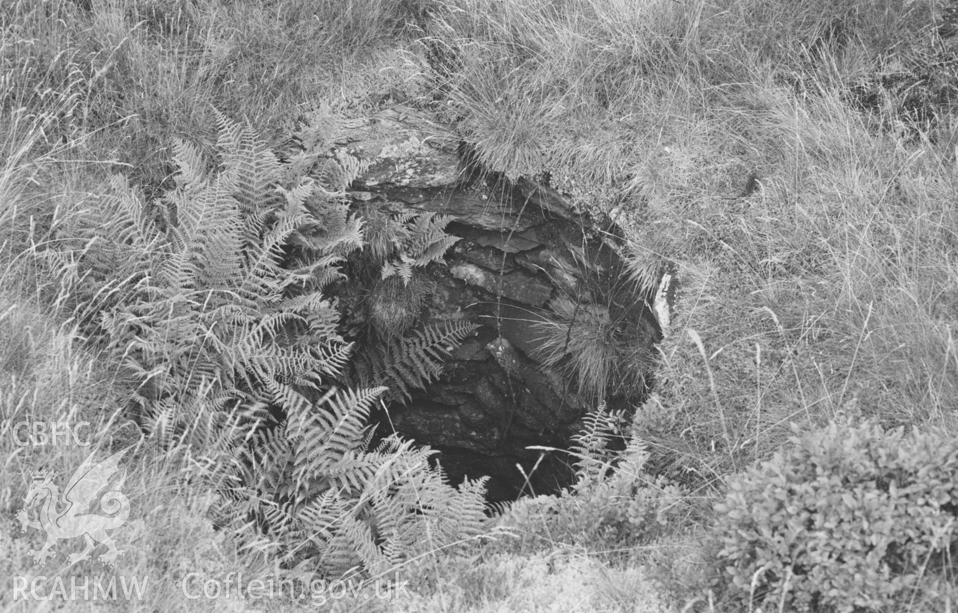 Digital copy of a black and white negative showing shaft about 1m. In diameter, lined with stones, on the east side of the Nant Rhysgog at the top of the Cnwch Mawr mine. According to G. W. Hall, this vertical shaft is 70ft deep. Photographed by Arthur Chater on 23 August 1969. Looking north from Grid Reference SN 6815 5373.