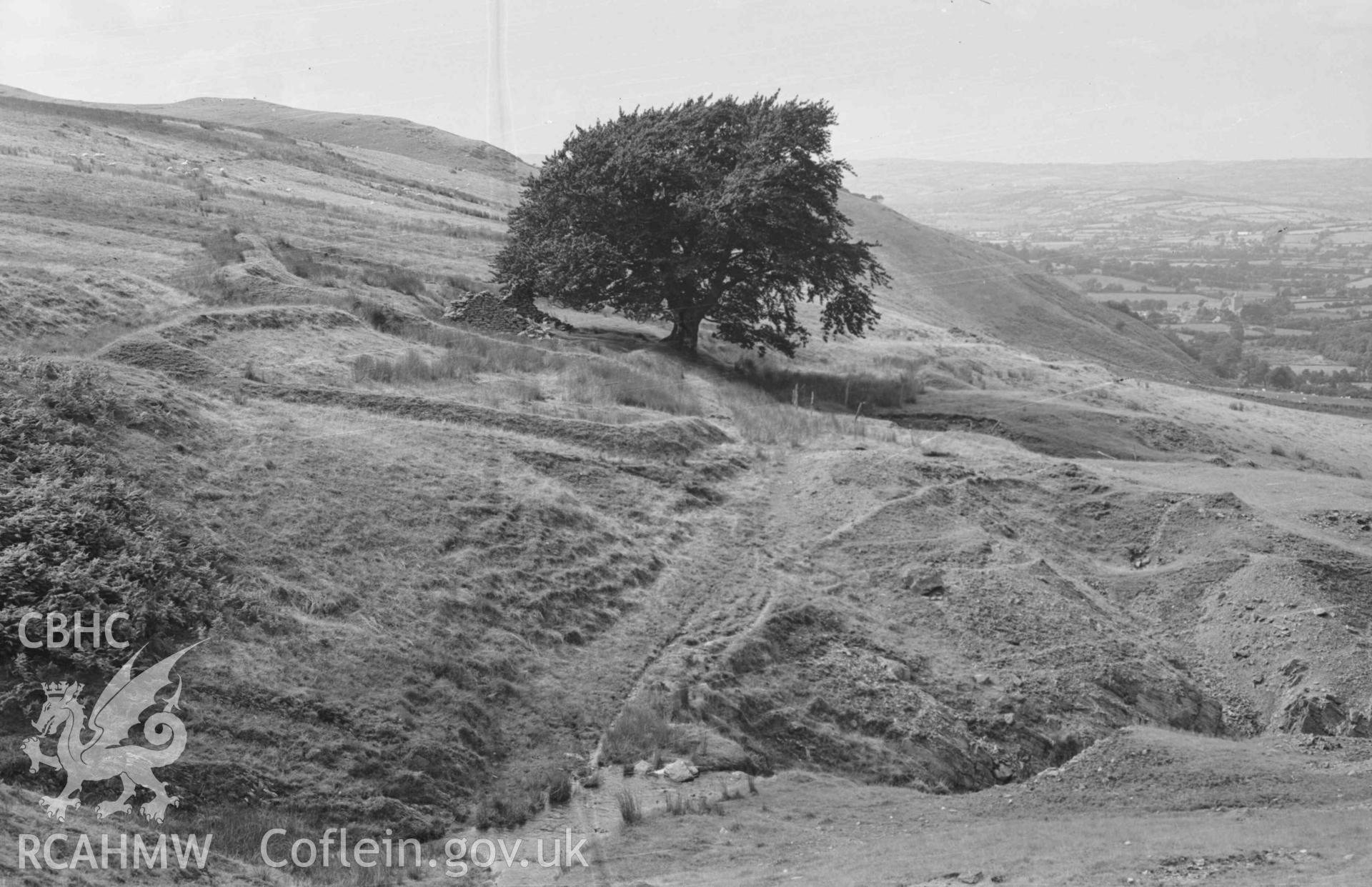 Digital copy of a black and white negative showing view down the Nant Rhysgog from just above the lead mine, showing beech tree, old track, mine ruins, and Talcen y Cnwch hill on the right (Panorama, photograph 1 of 3). Photographed by Arthur Chater on 23 August 1969. Looking north west from Grid Reference SN 6815 5373.