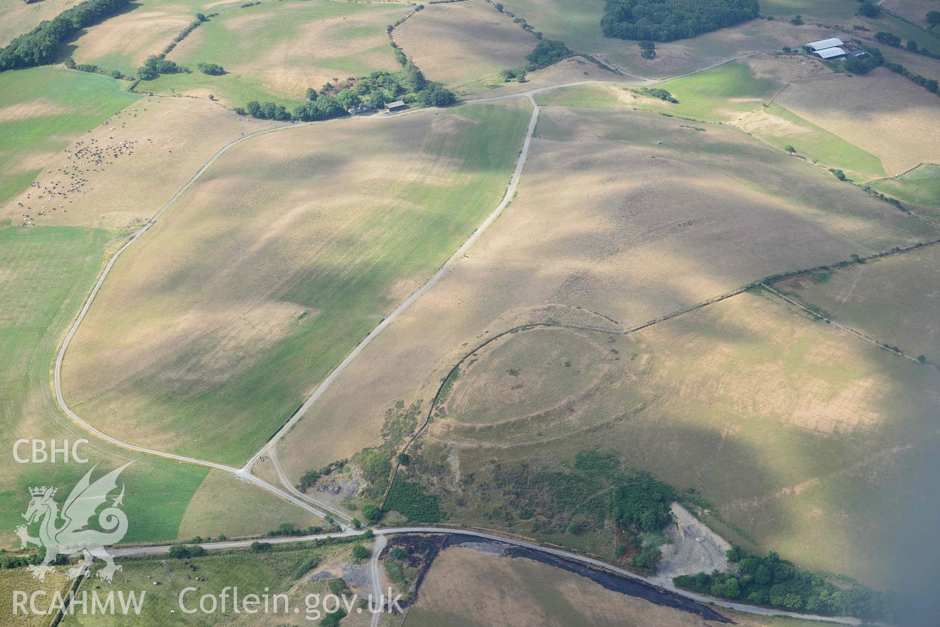 Castell Perthi Mawr. Oblique aerial photograph taken during the Royal Commission’s programme of archaeological aerial reconnaissance by Toby Driver on 10 July 2018.