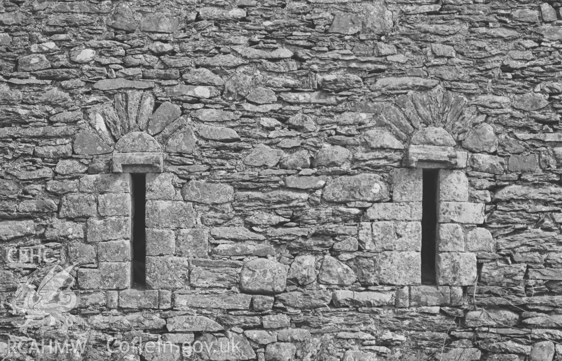 Digital copy of a black and white negative showing slit windows in west-facing wall on the west side of the farmyard of Abbey Farm. Photographed by Arthur Chater on 24 August 1969. Looking east from Grid Reference SN 7460 6565.