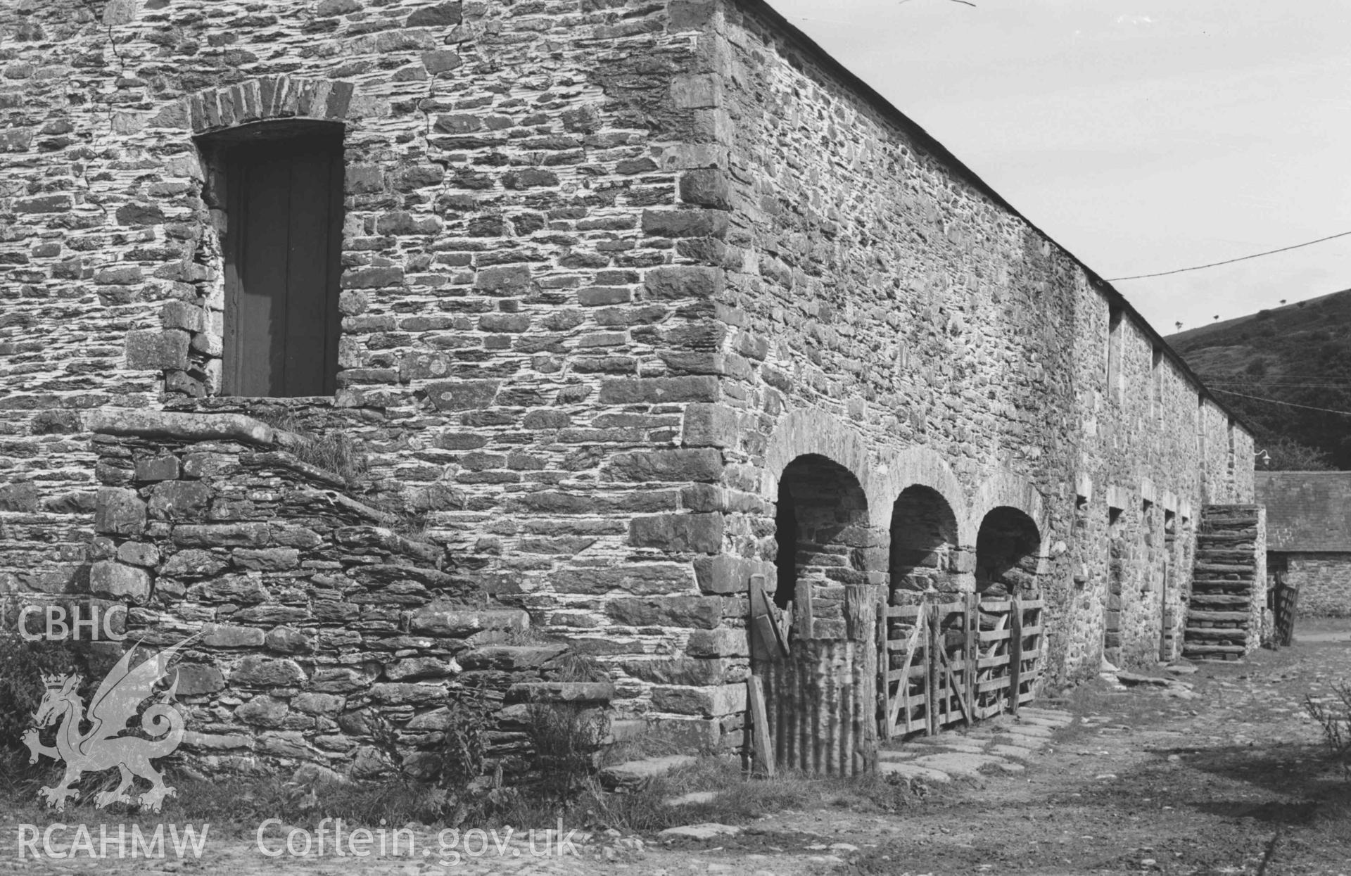 Digital copy of a black and white negative showing the north side of the farmyard of Abbey Farm. Photographed by Arthur Chater on 24 August 1969. Looking east north east from Grid Reference SN 7460 6565.