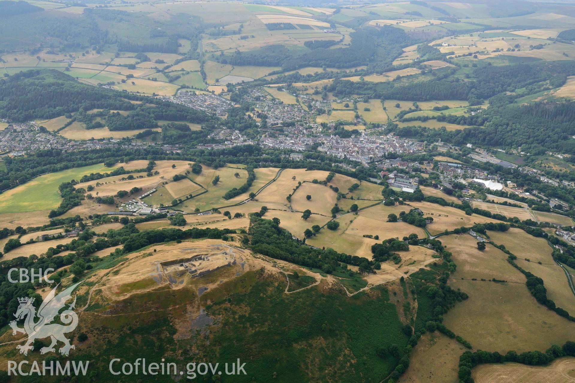 Castell Dinas Bran. Oblique aerial photograph taken during the Royal Commission’s programme of archaeological aerial reconnaissance by Toby Driver on 10 July 2018.