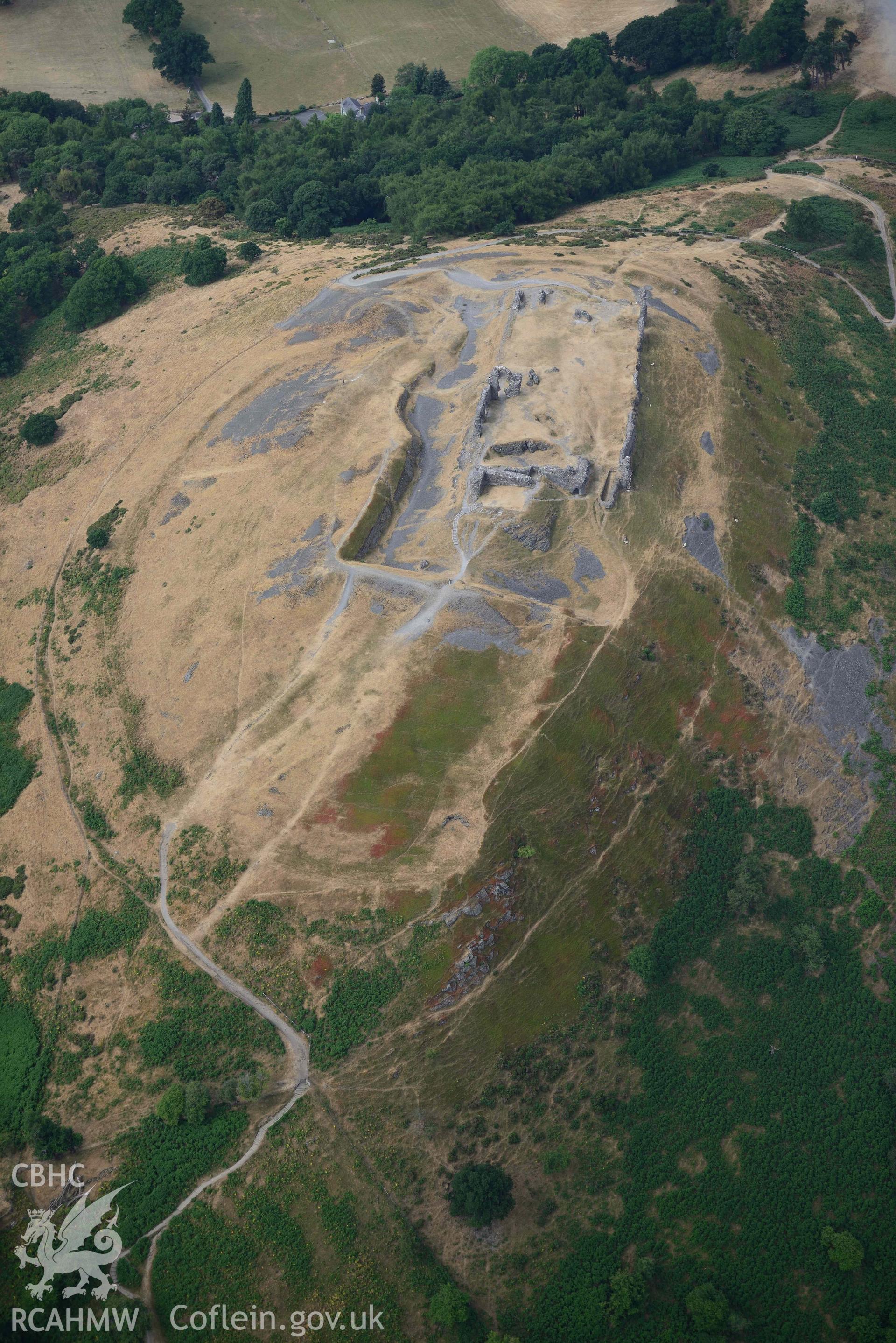 Castell Dinas Bran. Oblique aerial photograph taken during the Royal Commission’s programme of archaeological aerial reconnaissance by Toby Driver on 10 July 2018.