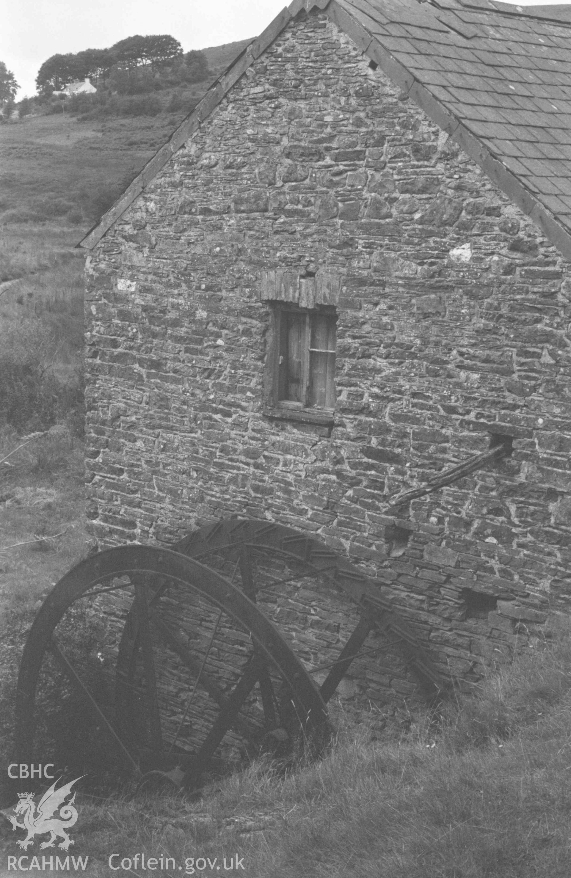 Digital copy of a black and white negative showing detailed view of gable of Melin y Bont-Goch. Photographed by Arthur Chater on 27 August 1969, looking west from Grid Reference SN 6833 8629.