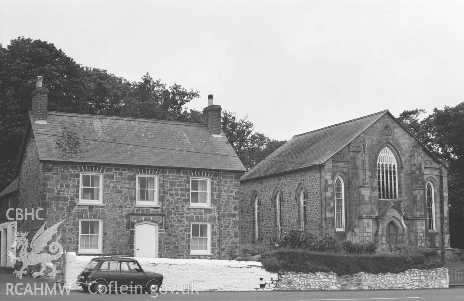 Digital copy of a black and white negative showing Capel Ffynnon, Pentregat. Photographed by Arthur Chater on 28 August 1969, looking south west from Grid Reference SN 3541 5197.