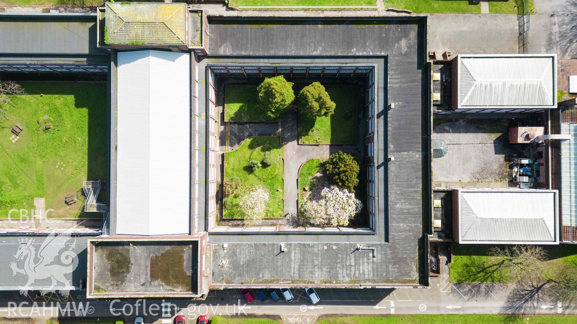 Bird's eye view of west quadrangle, Bishop Gore School, Swansea. South at the top. Showing separate boys and girls' gymnasiums and a west courtyard.