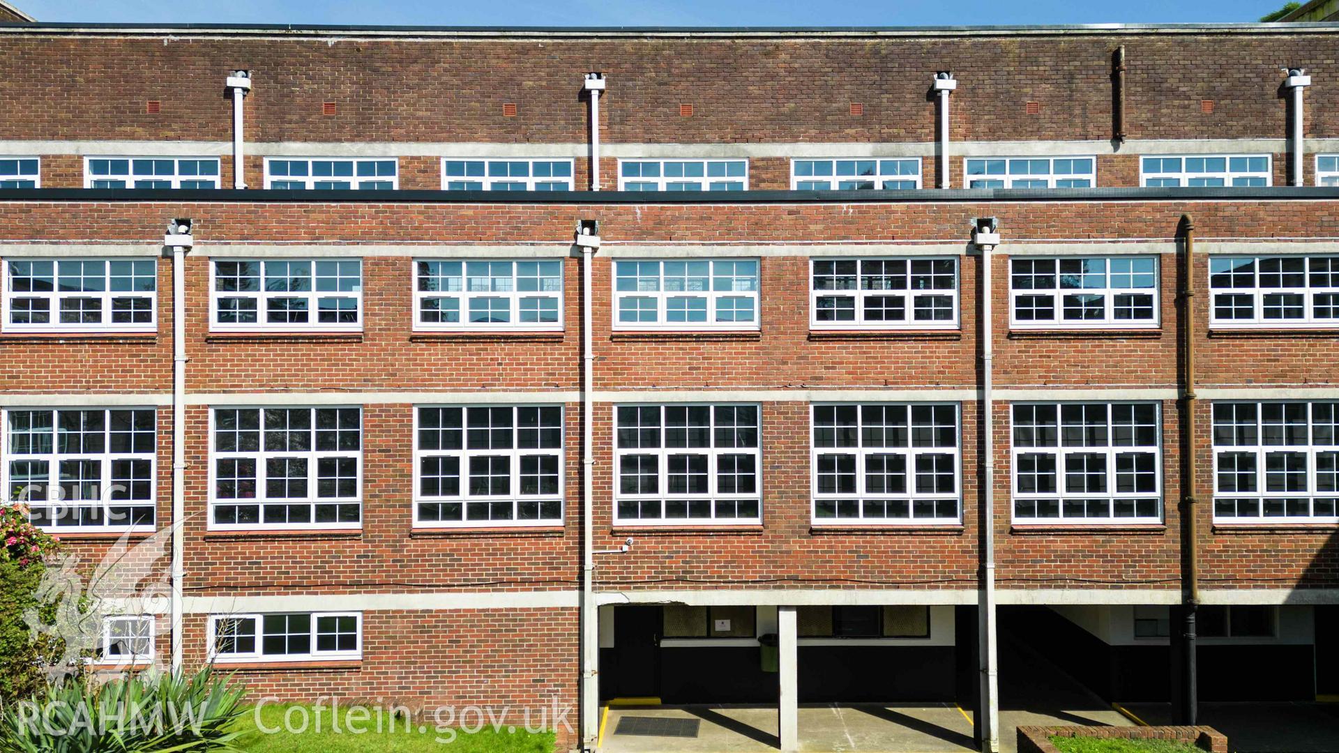 West quadrangle elevations. Brickwork, windows, and pilotis for covered circulation. Bishop Gore School, Swansea.