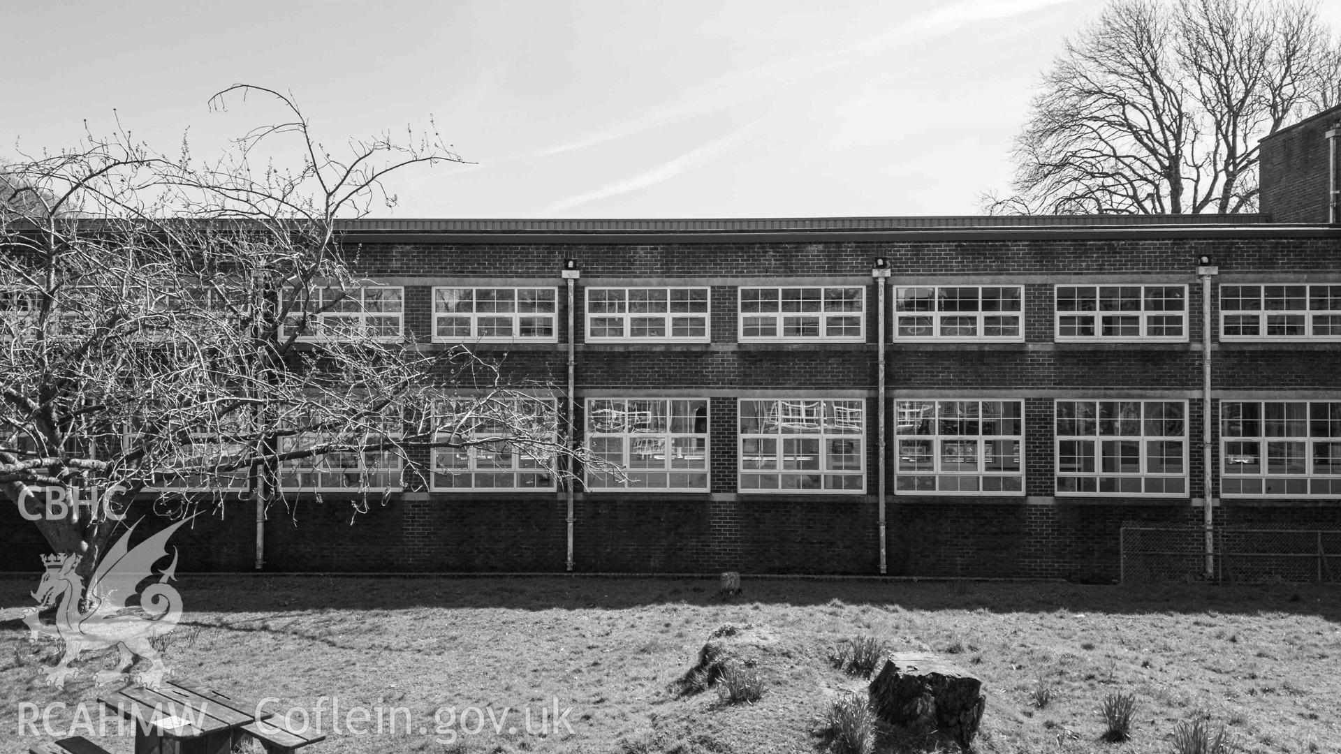 East quadrangle elevations, looking south. Black and white. Bishop Gore School, Swansea.