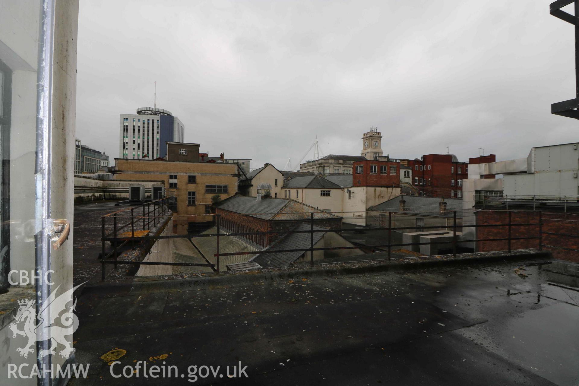 Photograph showing third floor office - external view, from a Level 4 Historic Building Record of the former Howells Department Store, Cardiff. Conducted as a part of listed building consent by Purcell Architecture in 2024.