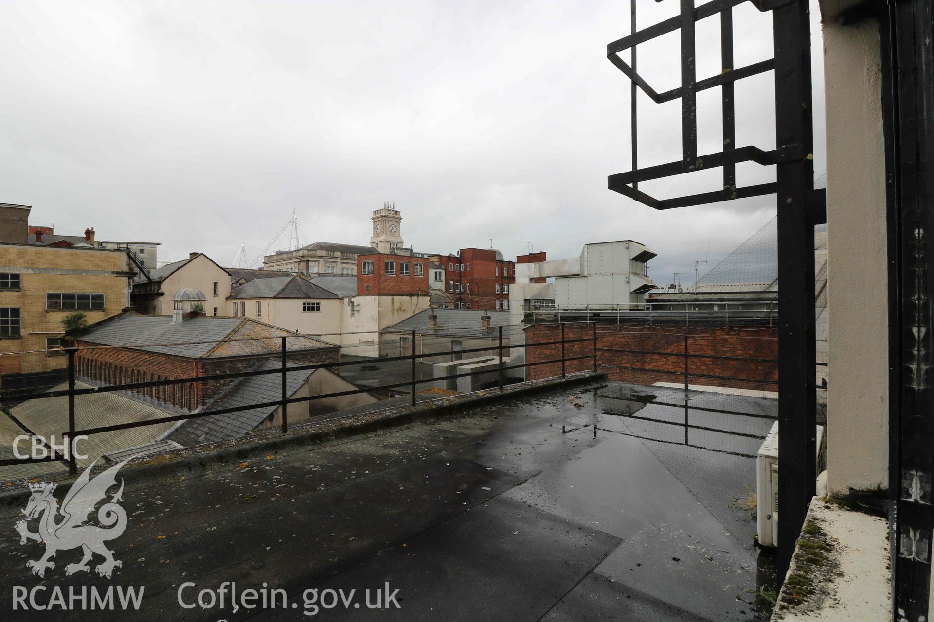 Photograph showing third floor office - external view, from a Level 4 Historic Building Record of the former Howells Department Store, Cardiff. Conducted as a part of listed building consent by Purcell Architecture in 2024.