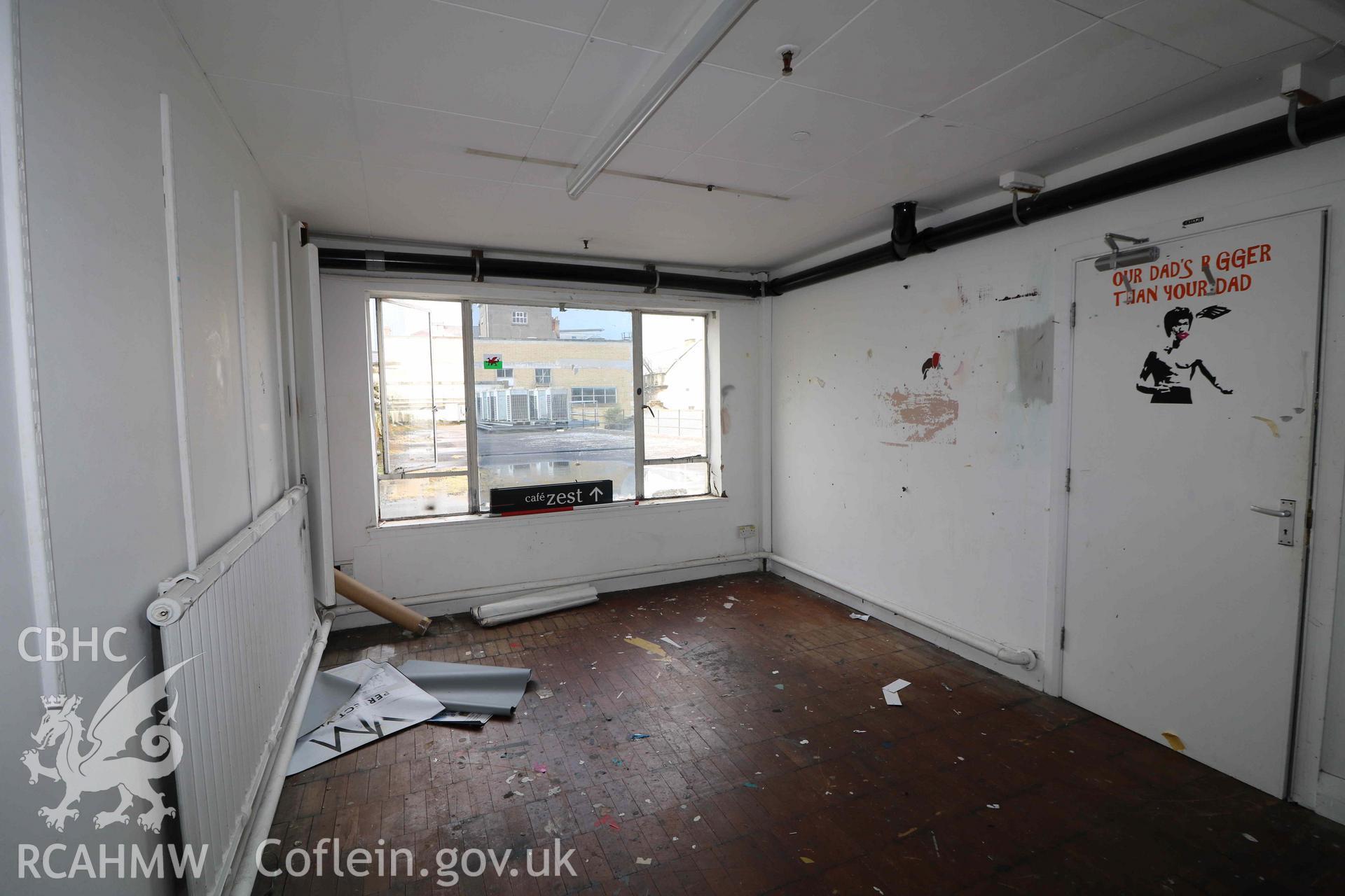 Photograph showing third floor office, from a Level 4 Historic Building Record of the former Howells Department Store, Cardiff. Conducted as a part of listed building consent by Purcell Architecture in 2024.