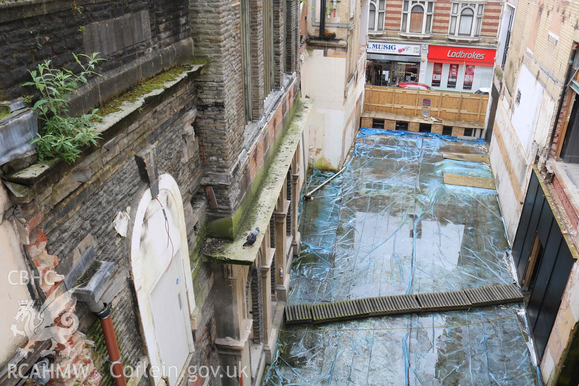 Photograph showing second floor - view of Bethany chapel from window, from a Level 4 Historic Building Record of the former Howells Department Store, Cardiff. Conducted as a part of listed building consent by Purcell Architecture in 2024.