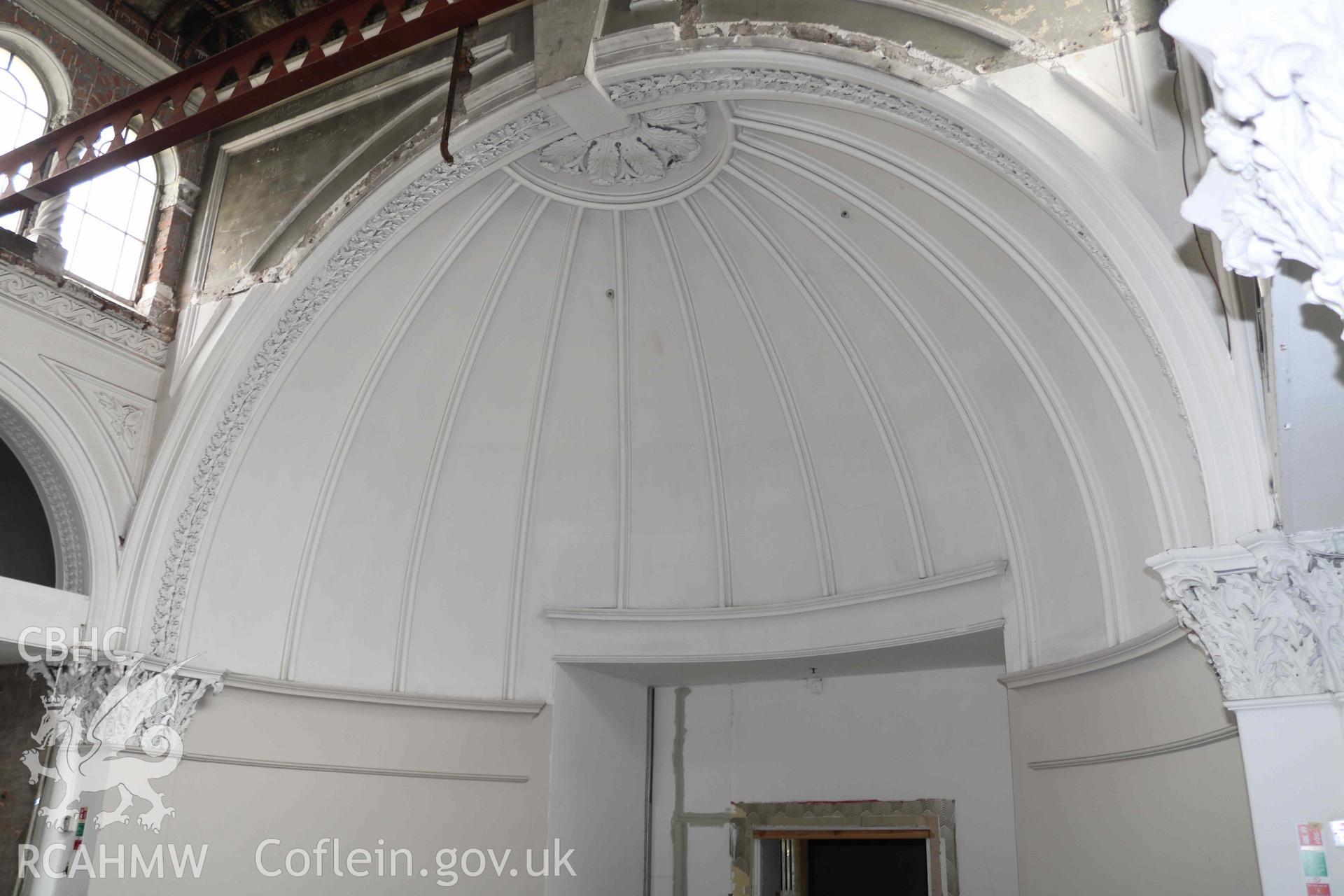 Photograph showing first floor - view of Bethany chapel interior (domed ceiling), from a Level 4 Historic Building Record of the former Howells Department Store, Cardiff. Conducted as a part of listed building consent by Purcell Architecture in 2024.