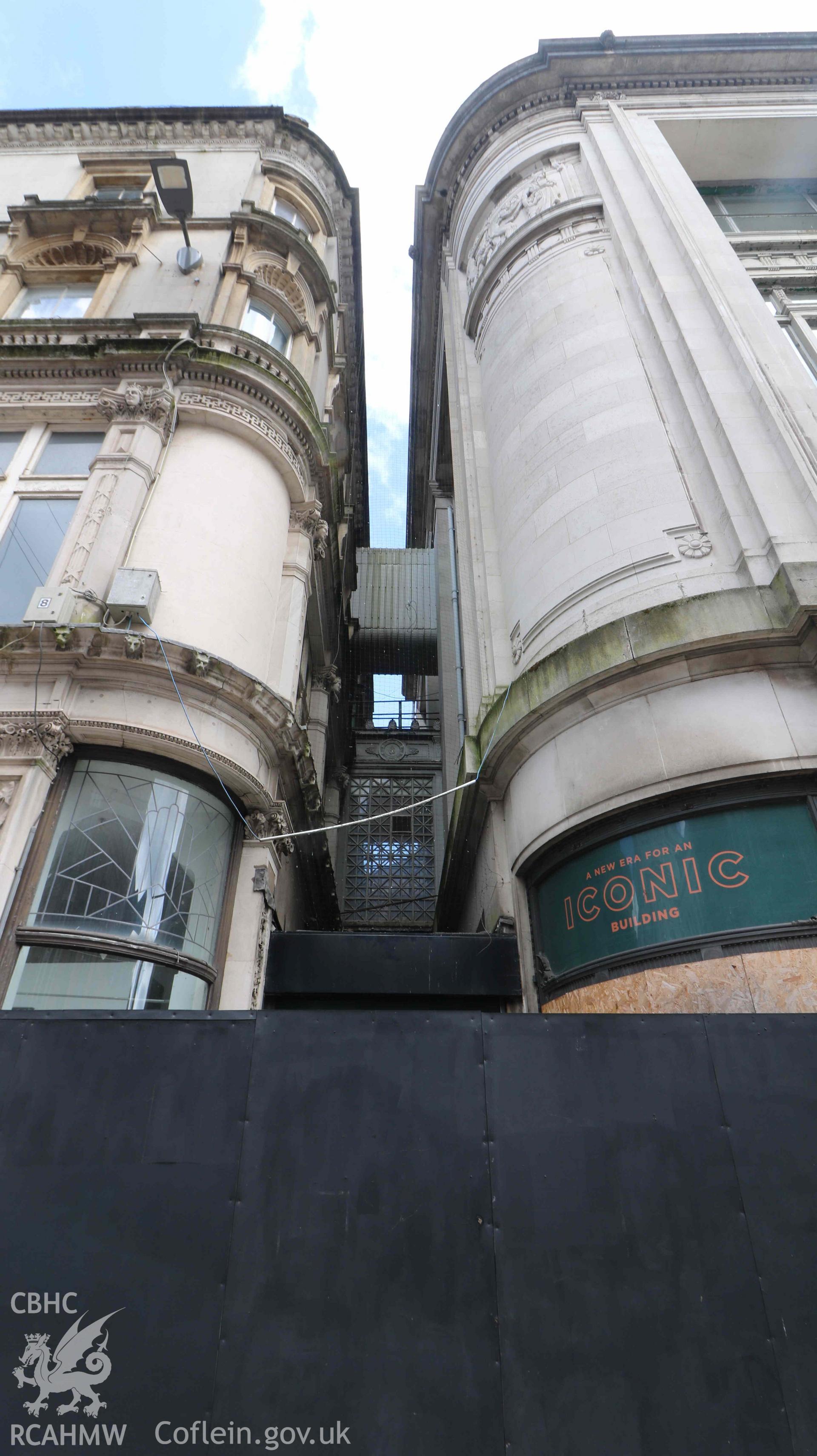 Photograph showing external elevation, St  Mary Street, from a Level 4 Historic Building Record of the former Howells Department Store, Cardiff. Conducted as a part of listed building consent by Purcell Architecture in 2024.