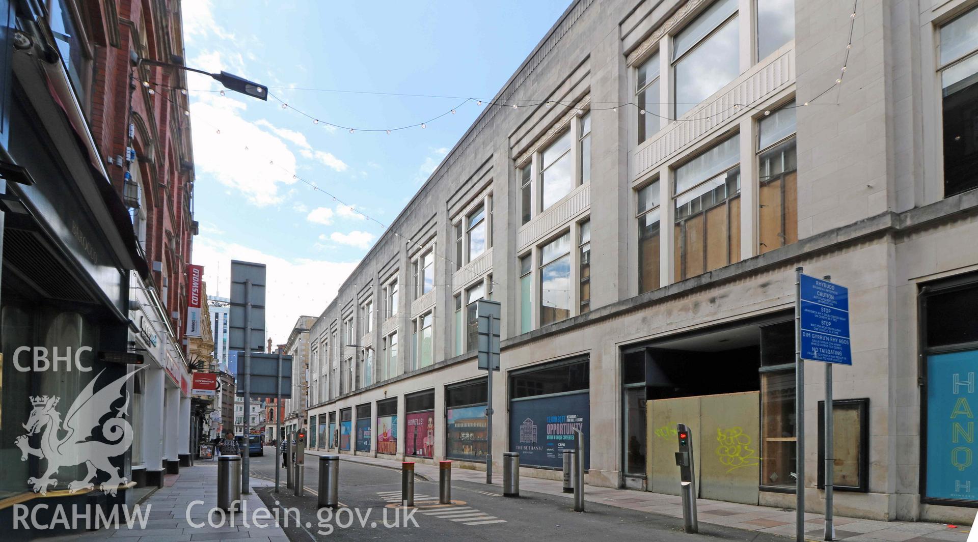 Photograph showing external elevation, Wharton Street, from a Level 4 Historic Building Record of the former Howells Department Store, Cardiff. Conducted as a part of listed building consent by Purcell Architecture in 2024.