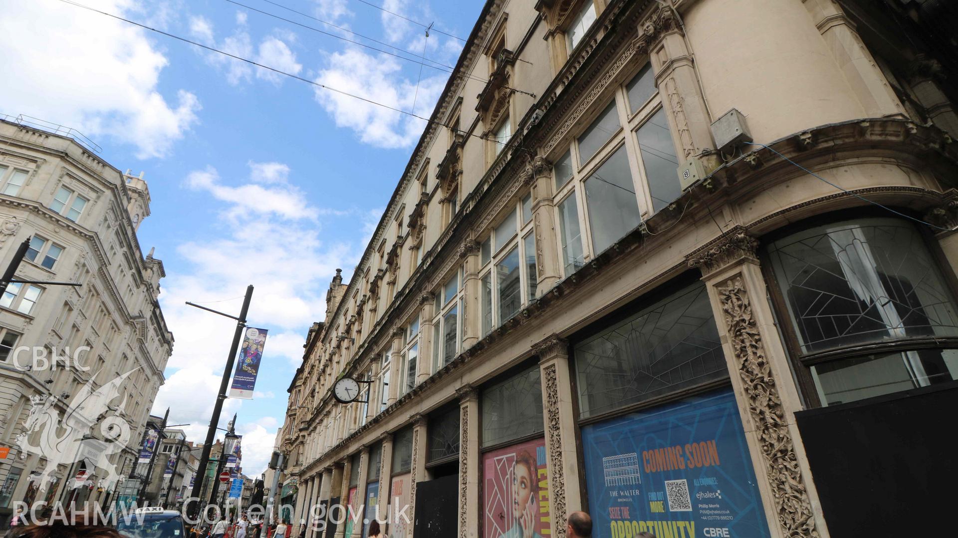 Photograph showing external elevation, St  Mary Street, from a Level 4 Historic Building Record of the former Howells Department Store, Cardiff. Conducted as a part of listed building consent by Purcell Architecture in 2024.