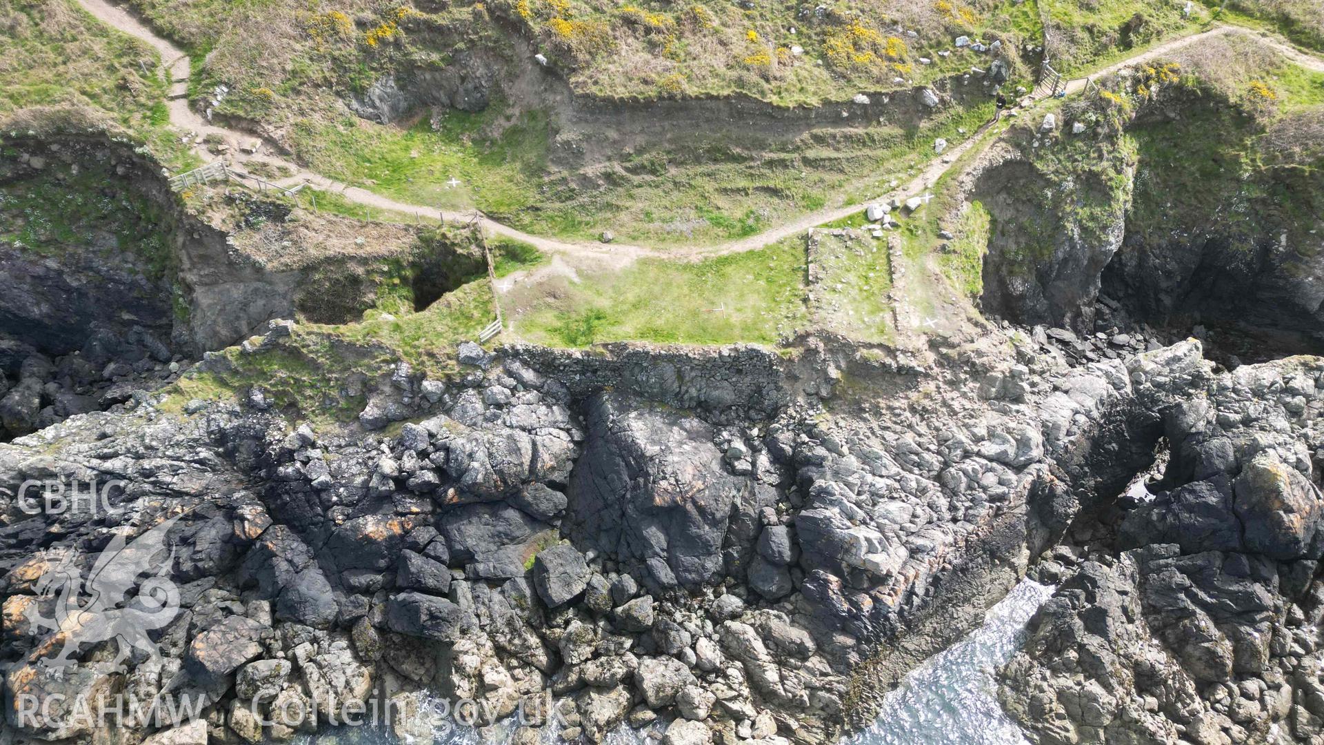 Oblique view, looking east, of Penmaenmelyn copper mine on 24/04/2024. Scales are 1m.