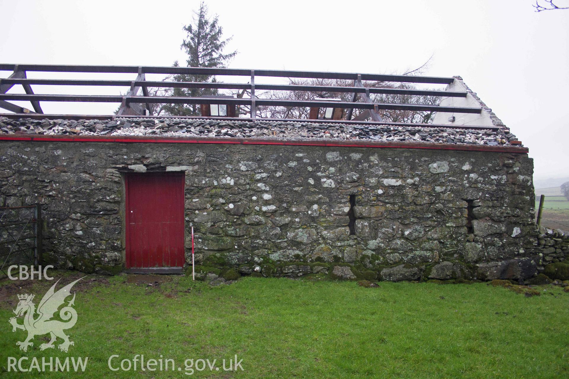 Photograph showing SE elevation, from an Historic Building Record Level 1 for Outbuilding at Penrhyn, Rhydlydan, Pentrefoelas, carried out by Aeon Archaeology in 2022. Report no: 0327. Project code A0348.1.