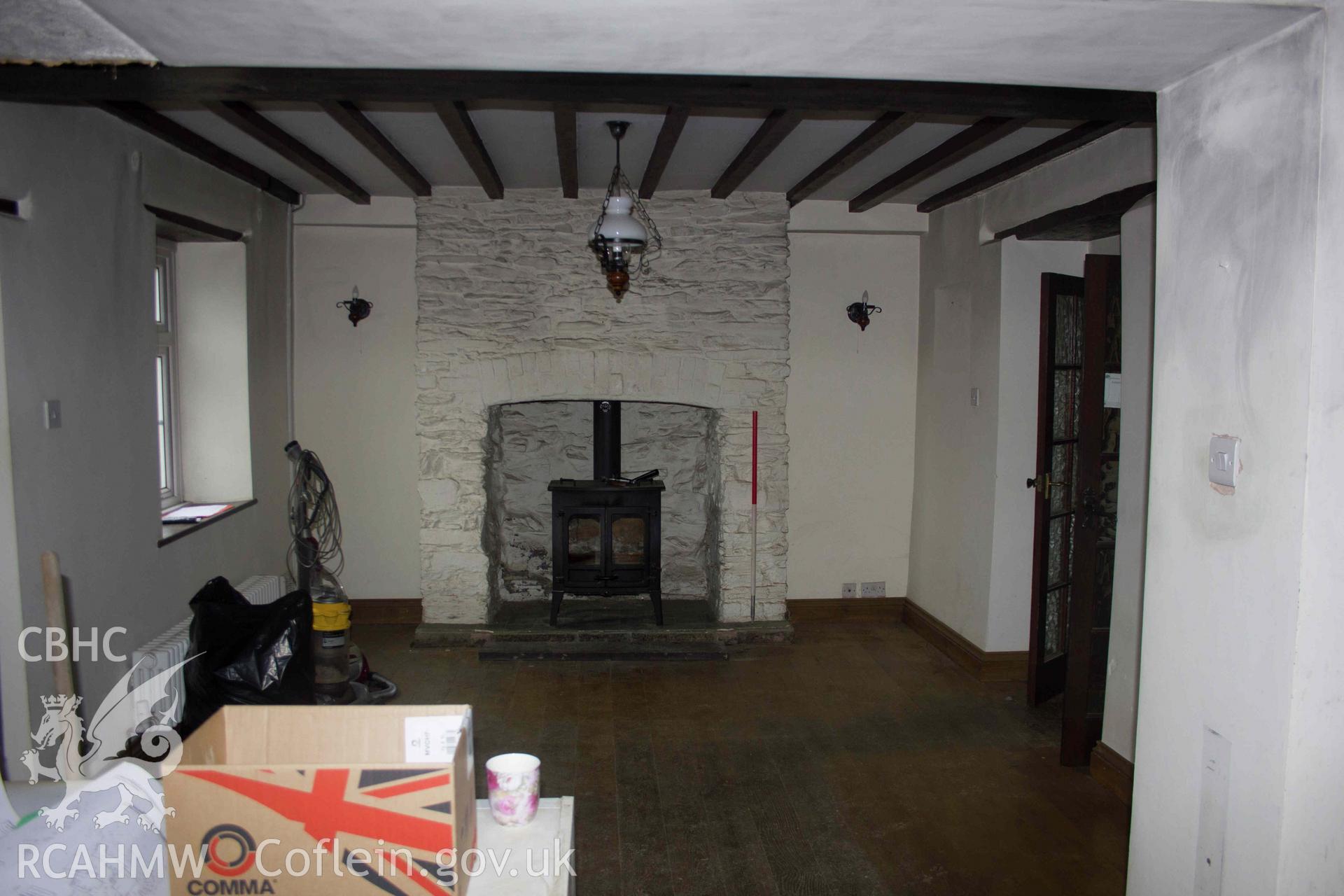 Photograph showing interior, from a Photographic Building Survey for Glan Gors, Llanelian, carried out by Aeon Archaeology in 2023. Project code A0455.1.
