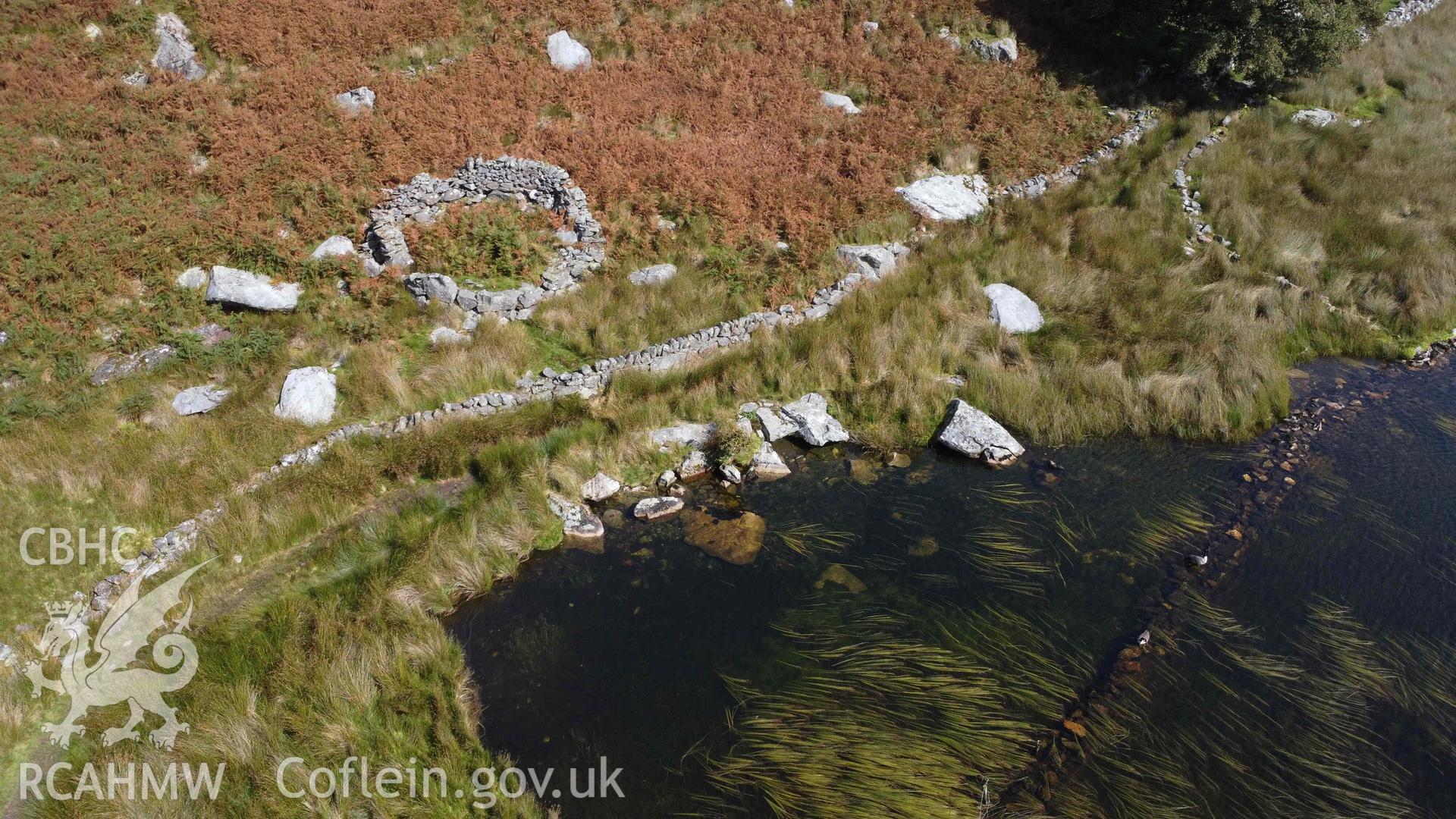 Aerial photograph showing sheepfold, North West of Llyn Y Dywarchen, taken by taken by John Rowlands in 2024.