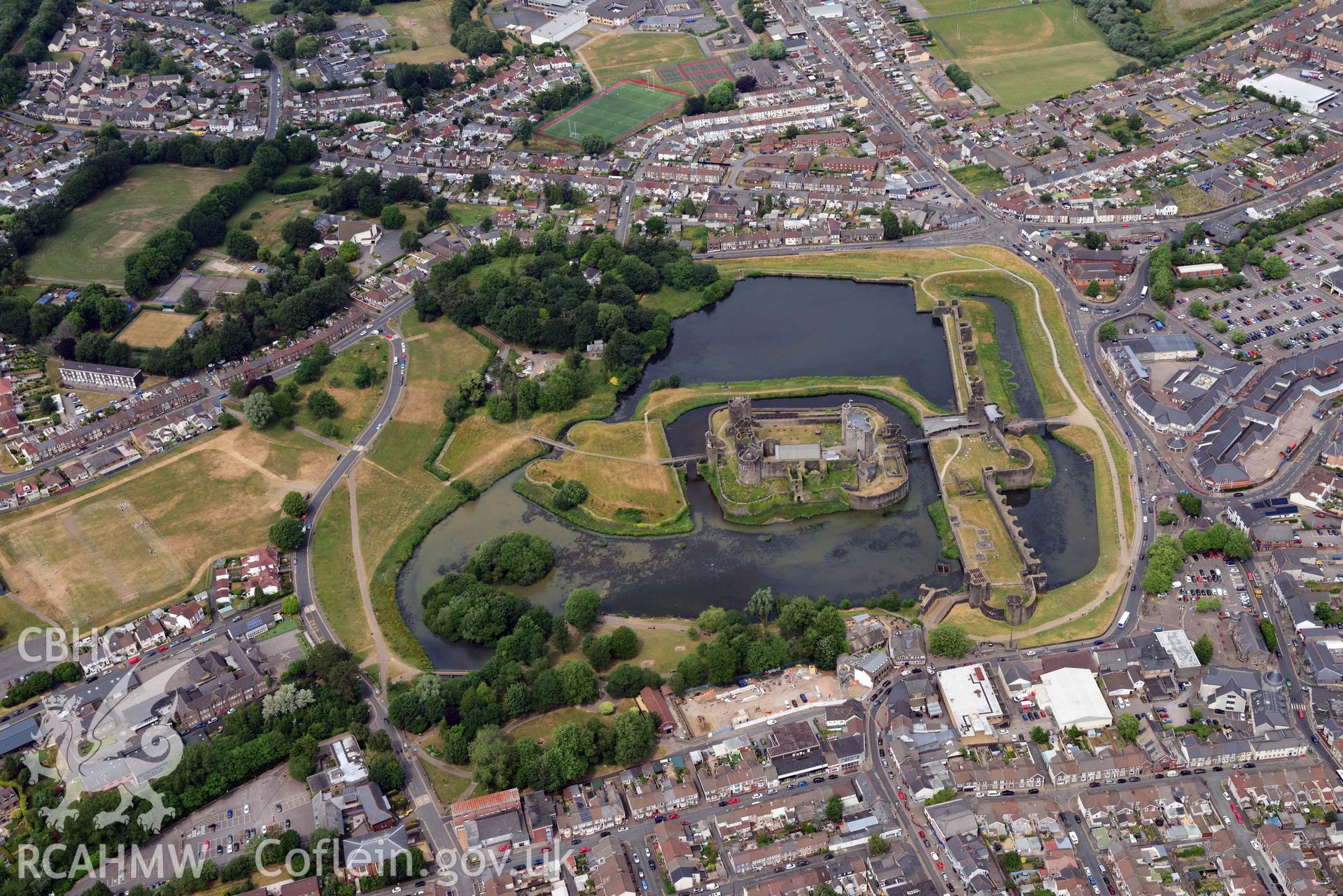 Aerial photograph of Caerphilly Castle. Oblique aerial photograph taken during the Royal Commission’s programme of archaeological aerial reconnaissance by Toby Driver on 26 June 2023