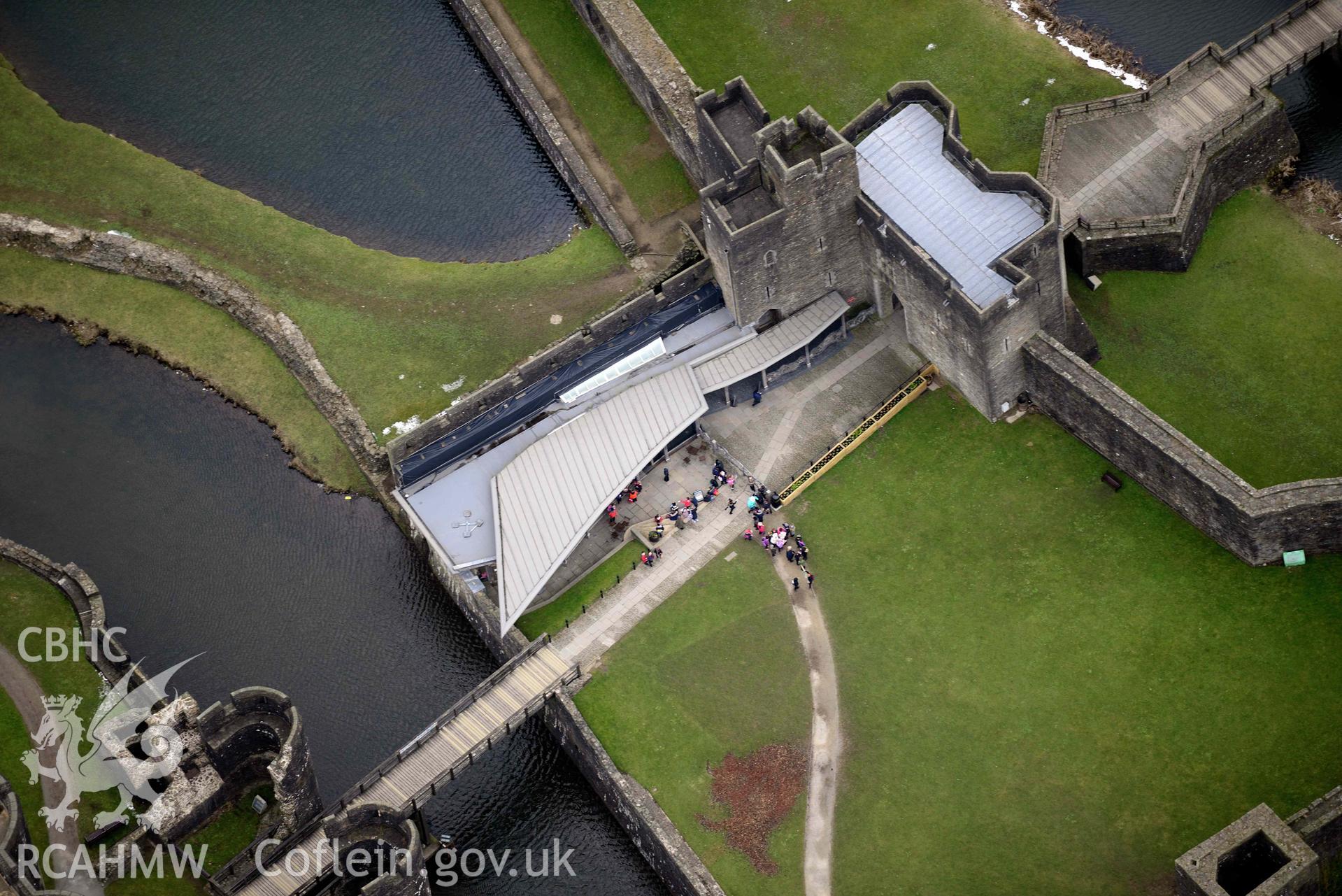 Aerial photograph of Caerphilly Castle. Oblique aerial photograph taken during the Royal Commission’s programme of archaeological aerial reconnaissance by Toby Driver on 20 March 2018