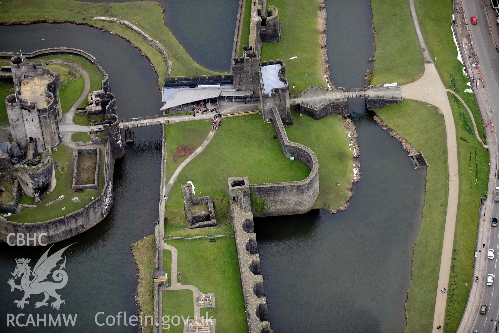 Aerial photograph of Caerphilly Castle. Oblique aerial photograph taken during the Royal Commission’s programme of archaeological aerial reconnaissance by Toby Driver on 20 March 2018