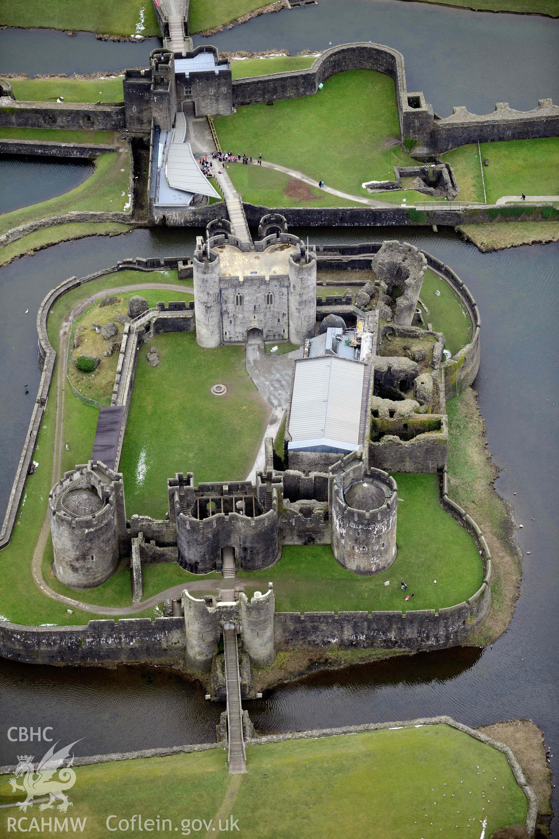 Aerial photograph of Caerphilly Castle. Oblique aerial photograph taken during the Royal Commission’s programme of archaeological aerial reconnaissance by Toby Driver on 20 March 2018