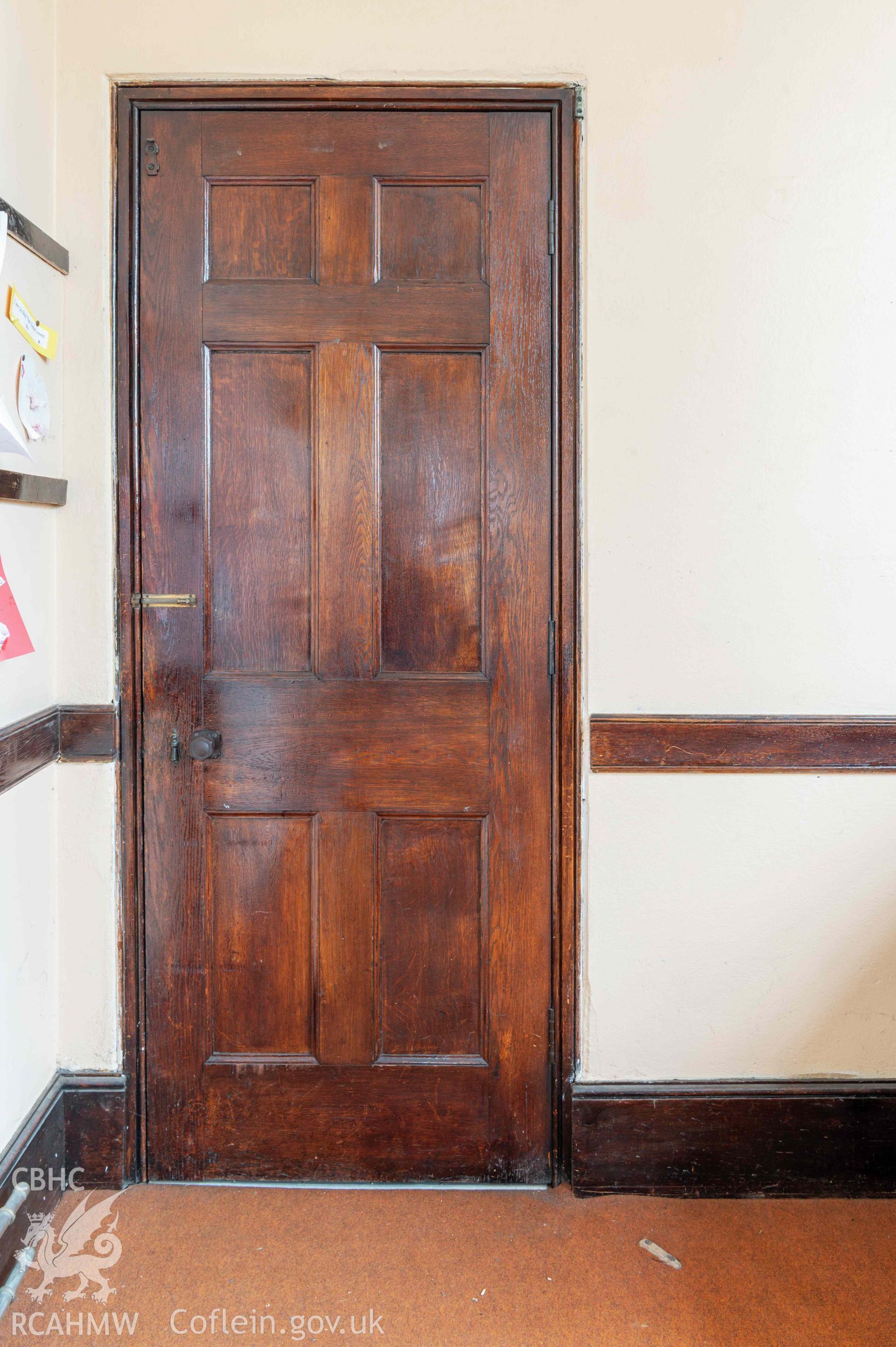 Capel Zion Baptist Chapel, Newtown - ground floor, north-central north room detail of door.