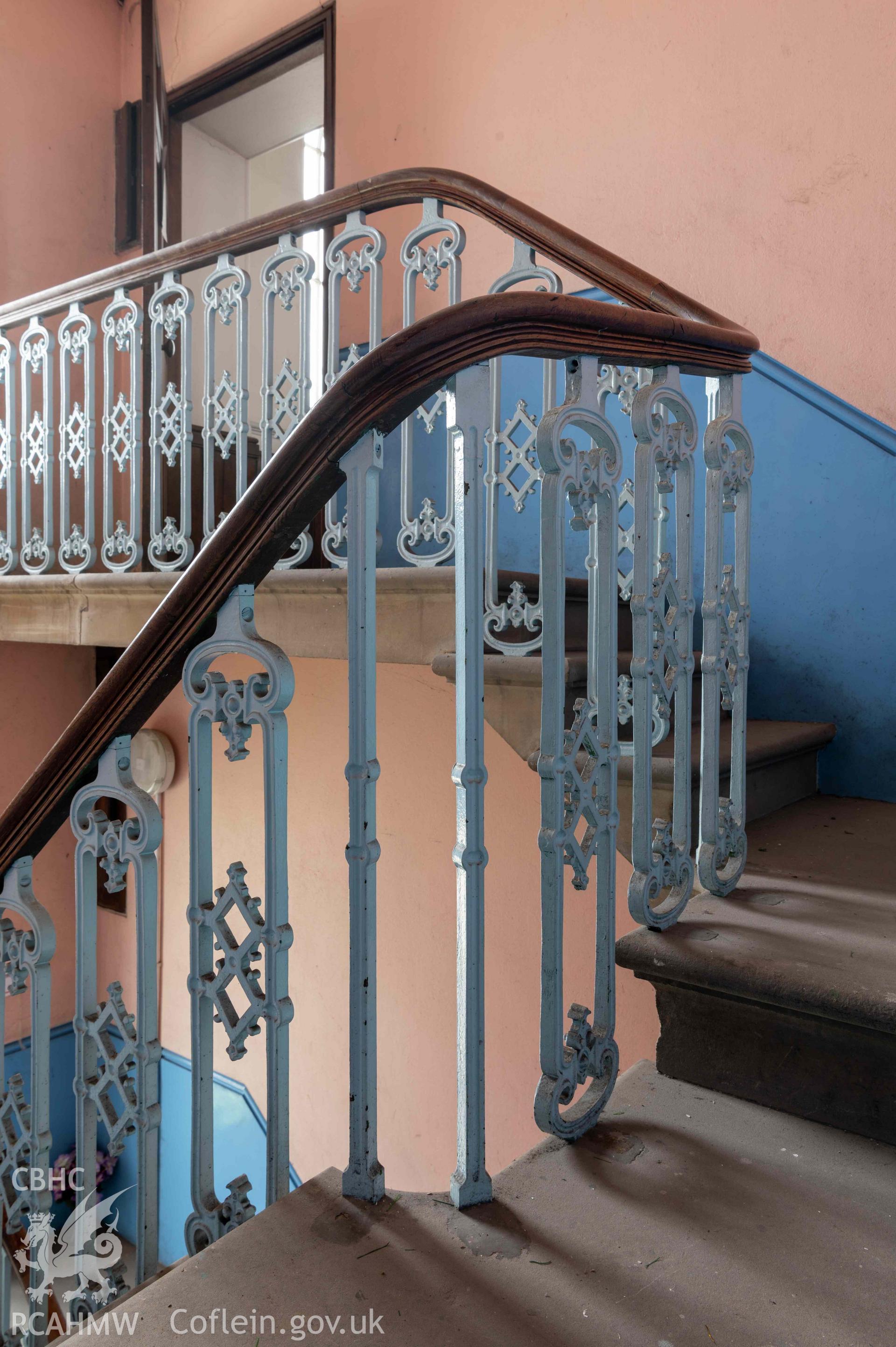 Capel Zion Baptist Chapel, Newtown - rear north-east staircase ground floor to first floor, gallery landing, detail of balusters.