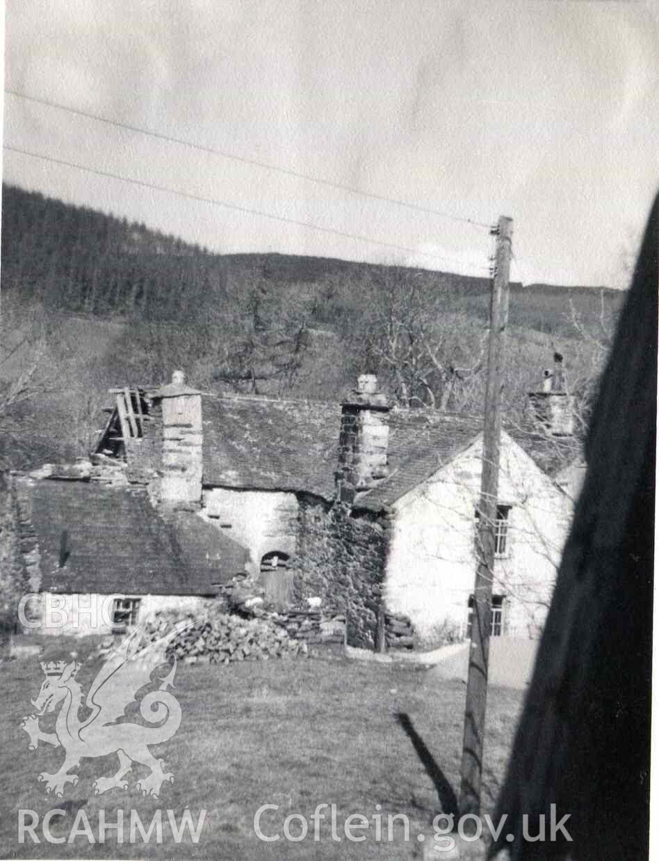 West elevation and south gable end of Hafod Dwyryd. There's a stove pipe for copper in the single storey lean-to. Photographed by Ronald and Joan Adams in about 1962 or 1963.