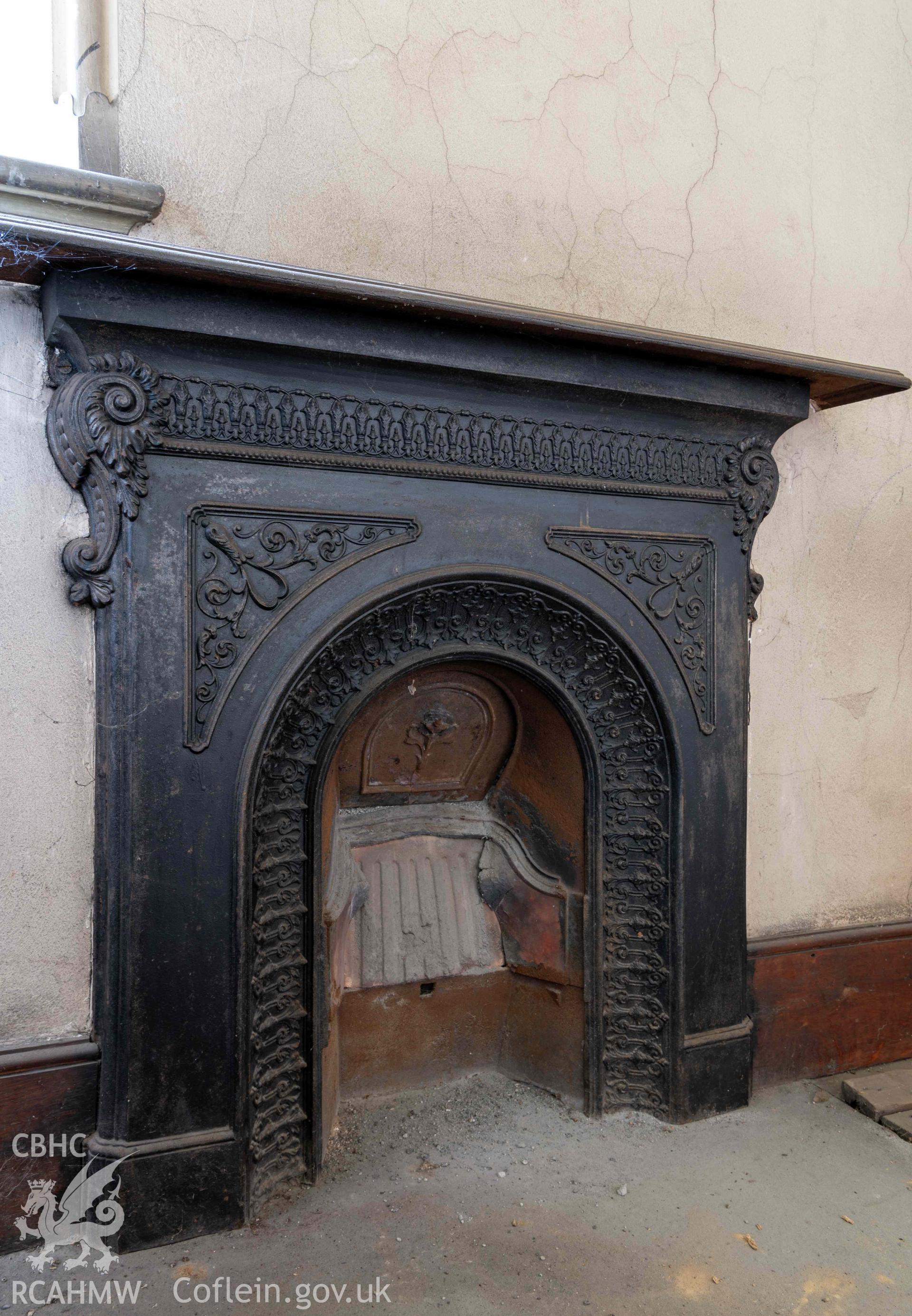 Capel Zion Baptist Chapel, Newtown - first floor north central room, detail of fireplace.