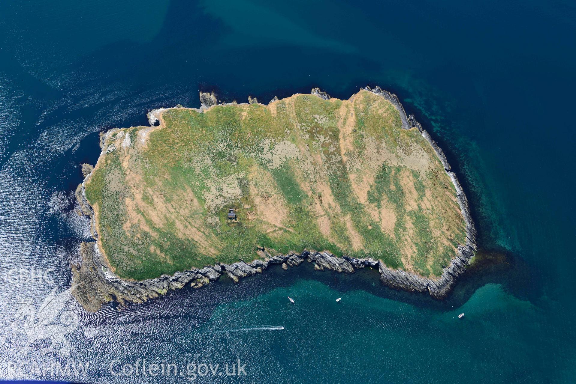 Footings of priory hall on St Tudwals Island East. Oblique aerial photograph taken during the Royal Commission’s programme of archaeological aerial reconnaissance by Toby Driver on 10 July 2018.