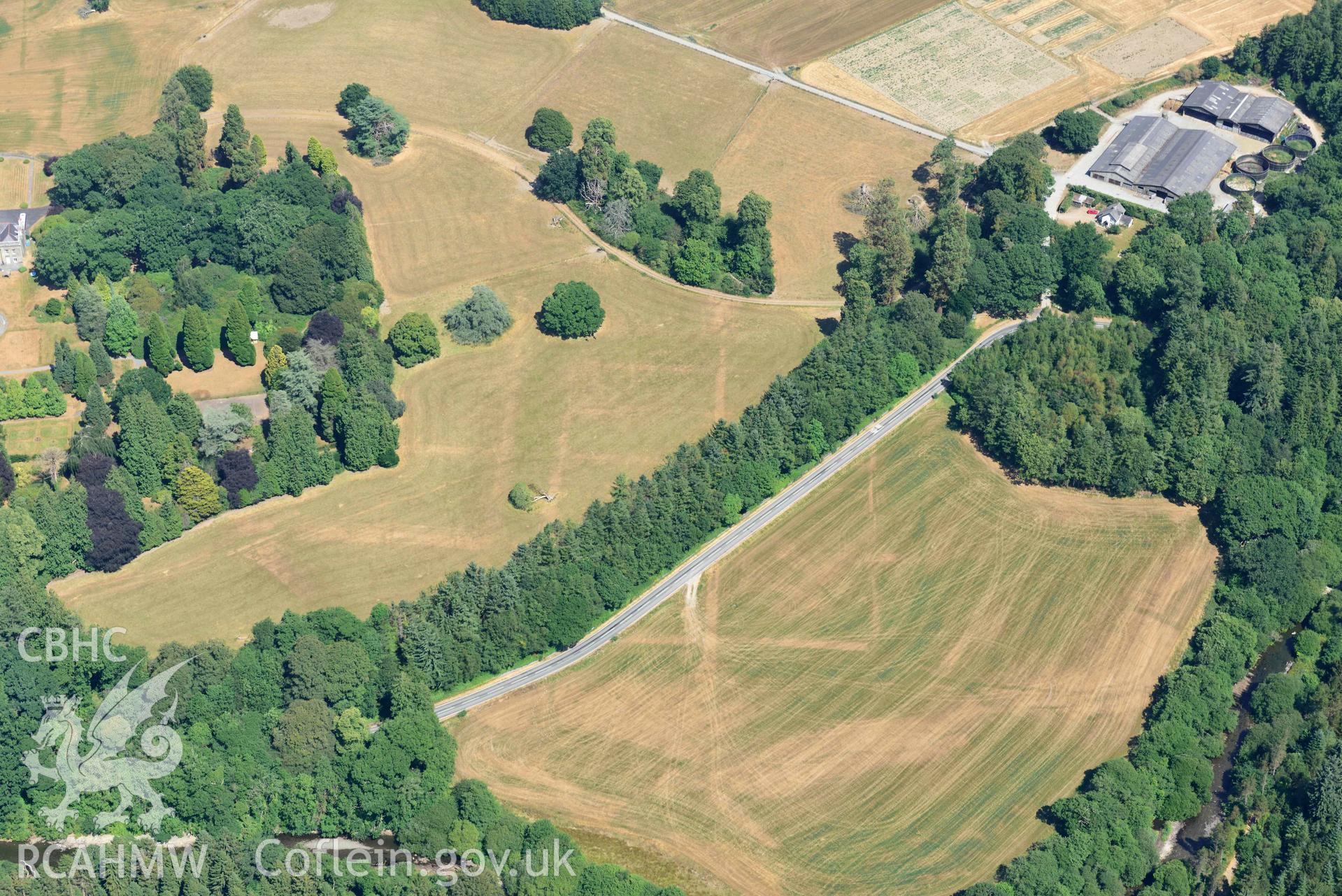 Trawsgoed Roman fort. Oblique aerial photograph taken during the Royal Commission’s programme of archaeological aerial reconnaissance by Toby Driver on 10 July 2018.