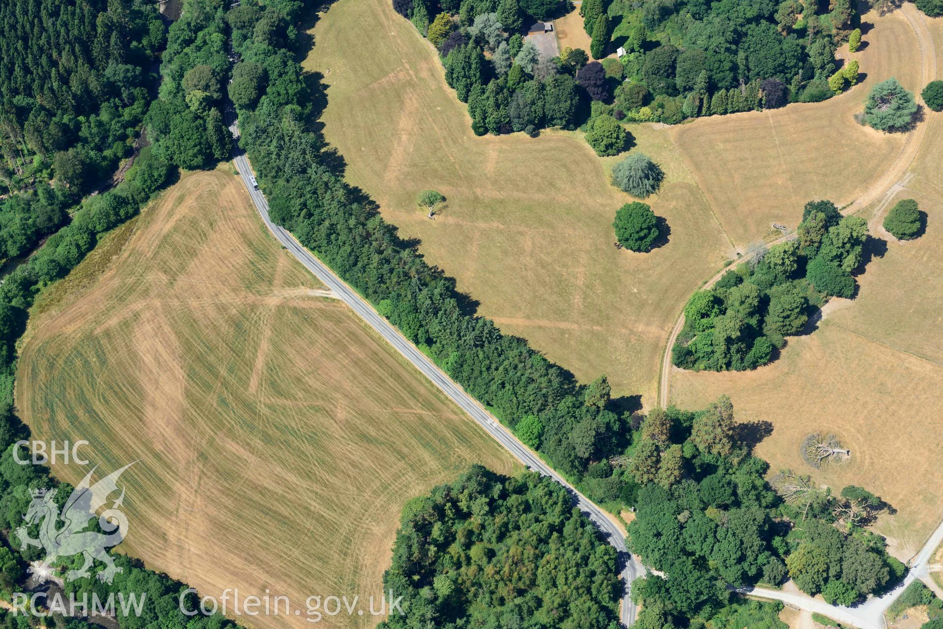 Detailed view of Trawsgoed Roman fort cropmarks. Oblique aerial photograph taken during the Royal Commission’s programme of archaeological aerial reconnaissance by Toby Driver on 10 July 2018.
