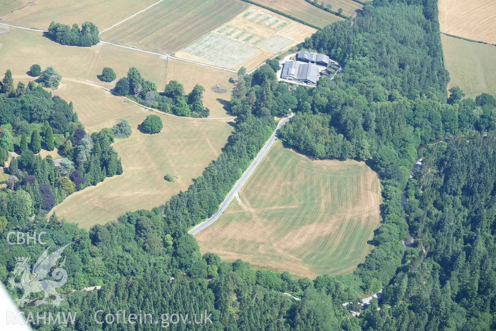 Trawsgoed Roman fort. Oblique aerial photograph taken during the Royal Commission’s programme of archaeological aerial reconnaissance by Toby Driver on 10 July 2018.