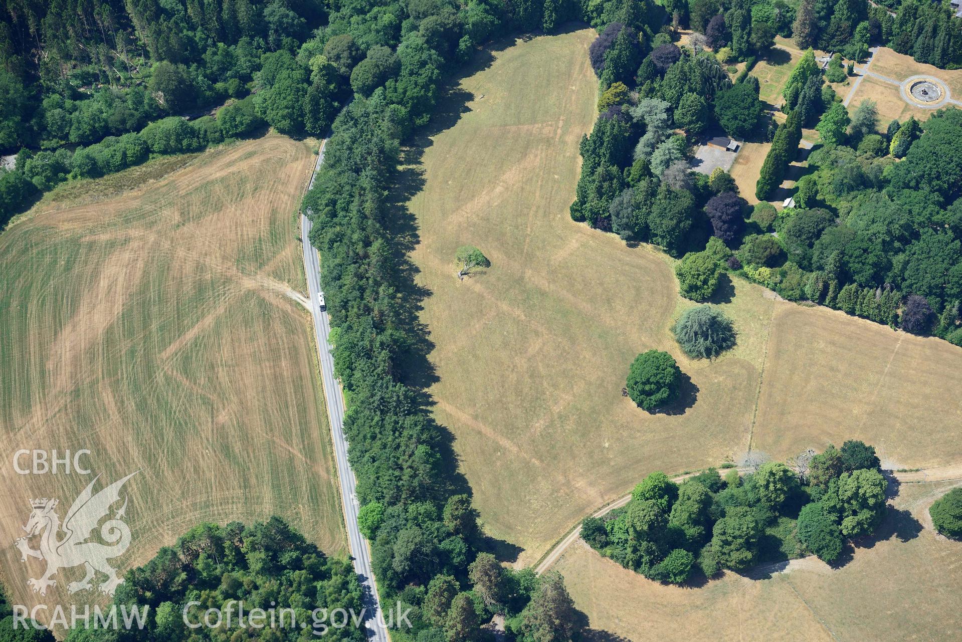 Trawsgoed Roman fort. Oblique aerial photograph taken during the Royal Commission’s programme of archaeological aerial reconnaissance by Toby Driver on 10 July 2018.