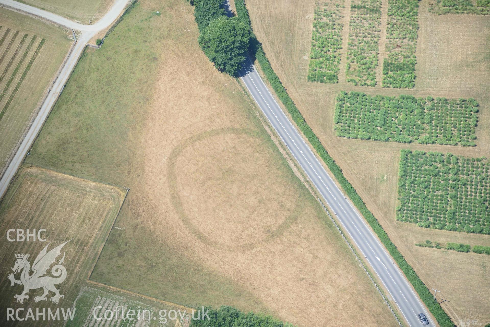 Gogerddan enclosure. Oblique aerial photograph taken during the Royal Commission’s programme of archaeological aerial reconnaissance by Toby Driver on 10 July 2018.