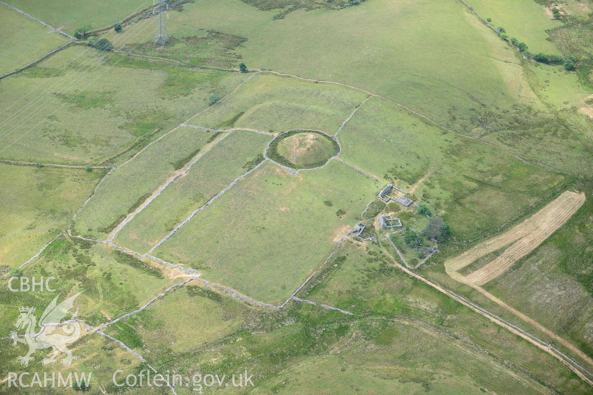 Close-up view of Tomen y Mur Roman Fort. Oblique aerial photograph taken during the Royal Commission’s programme of archaeological aerial reconnaissance by Toby Driver on 10 July 2018.