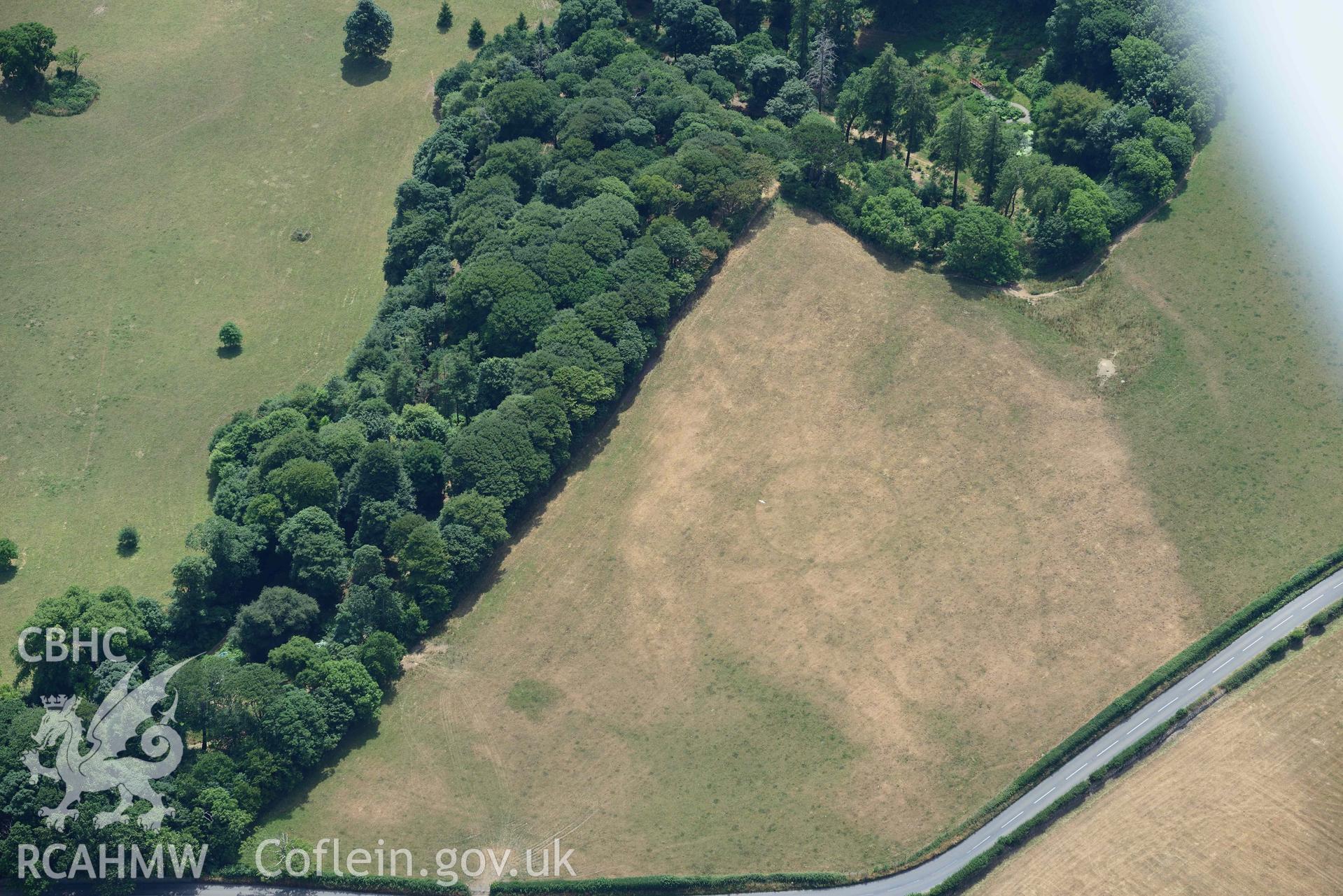 Close-up view of Coed Nant yr Alar enclosure. Oblique aerial photograph taken during the Royal Commission’s programme of archaeological aerial reconnaissance by Toby Driver on 10 July 2018.
