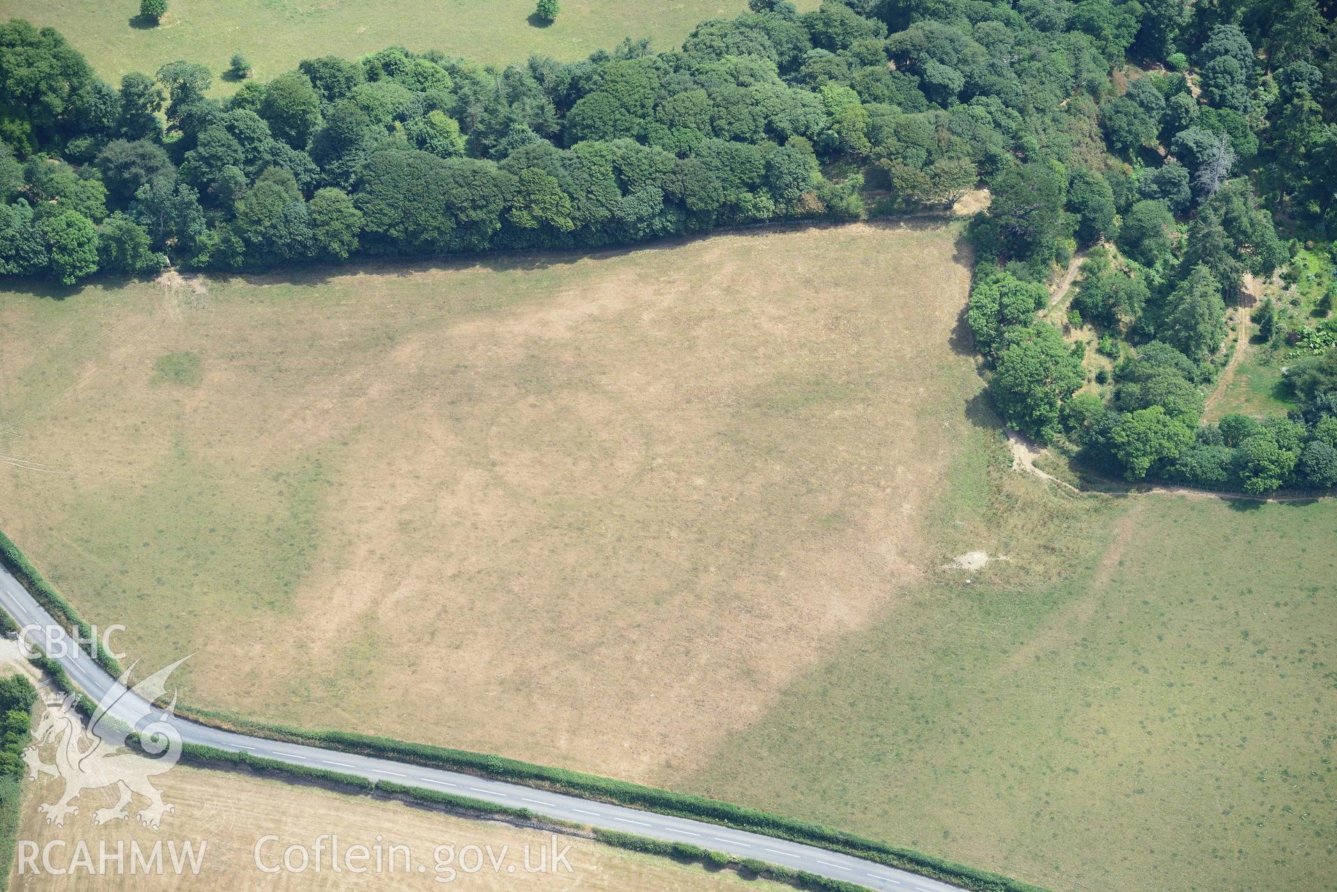 Coed Nant yr Alar enclosure. Oblique aerial photograph taken during the Royal Commission’s programme of archaeological aerial reconnaissance by Toby Driver on 10 July 2018.